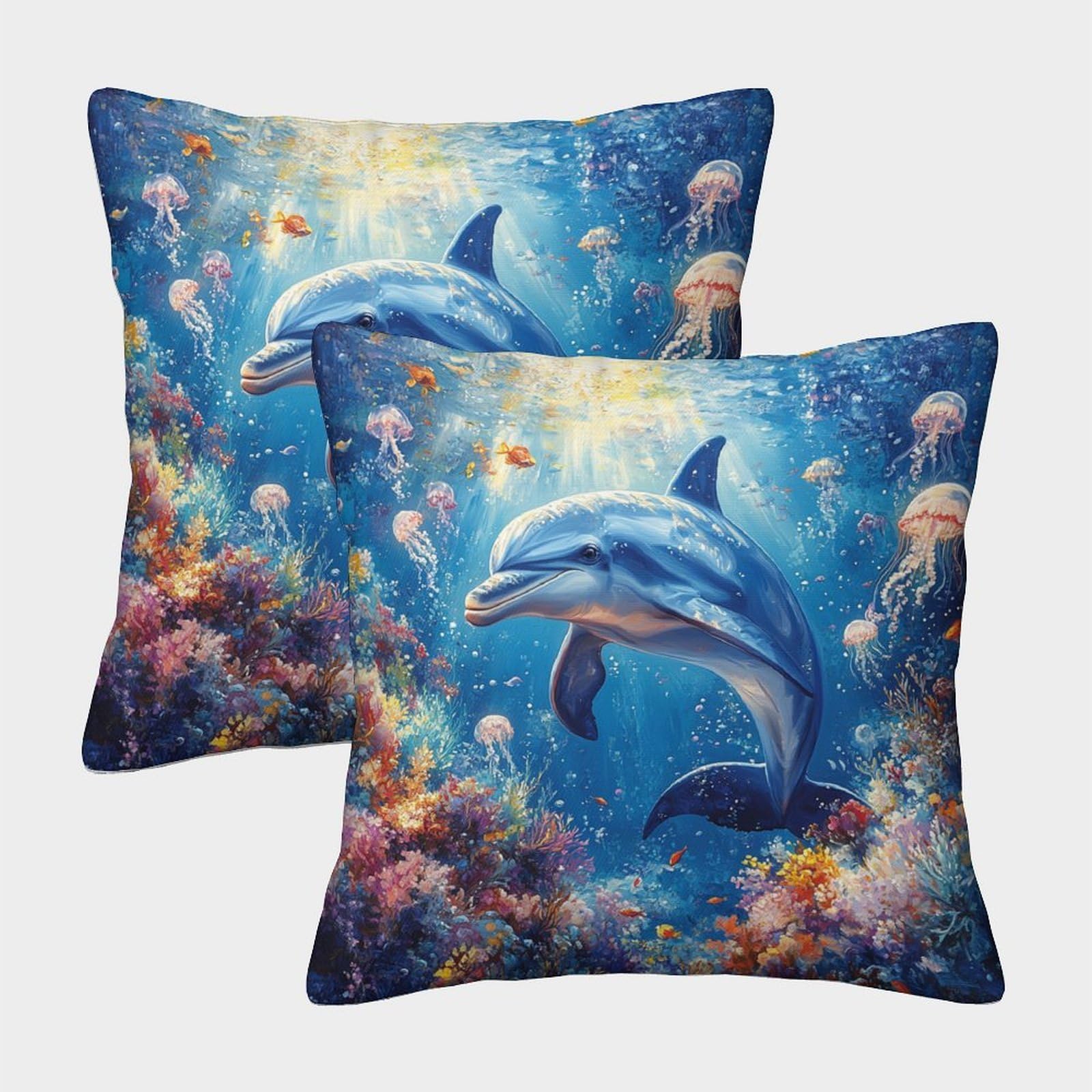 kaiyun 2 Pack Blue Dolphin - Marine Life Pillow Case 50x50cm 3D Printing Cushion Cover,home Decoration Sofa Cushion