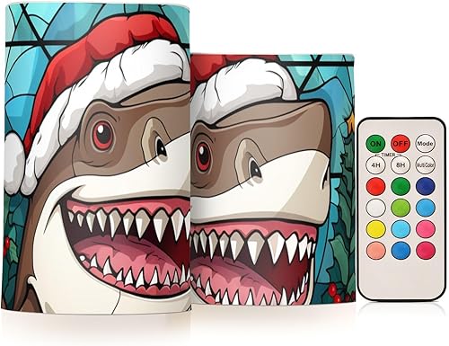 Miniatura 1 de ZENWAWA Flameless Candles with Remote Control  Stained Glass Shark Christmas Print, 2 Pcs WarmWhiteColor LED Changing Battery Operated Fake Candle