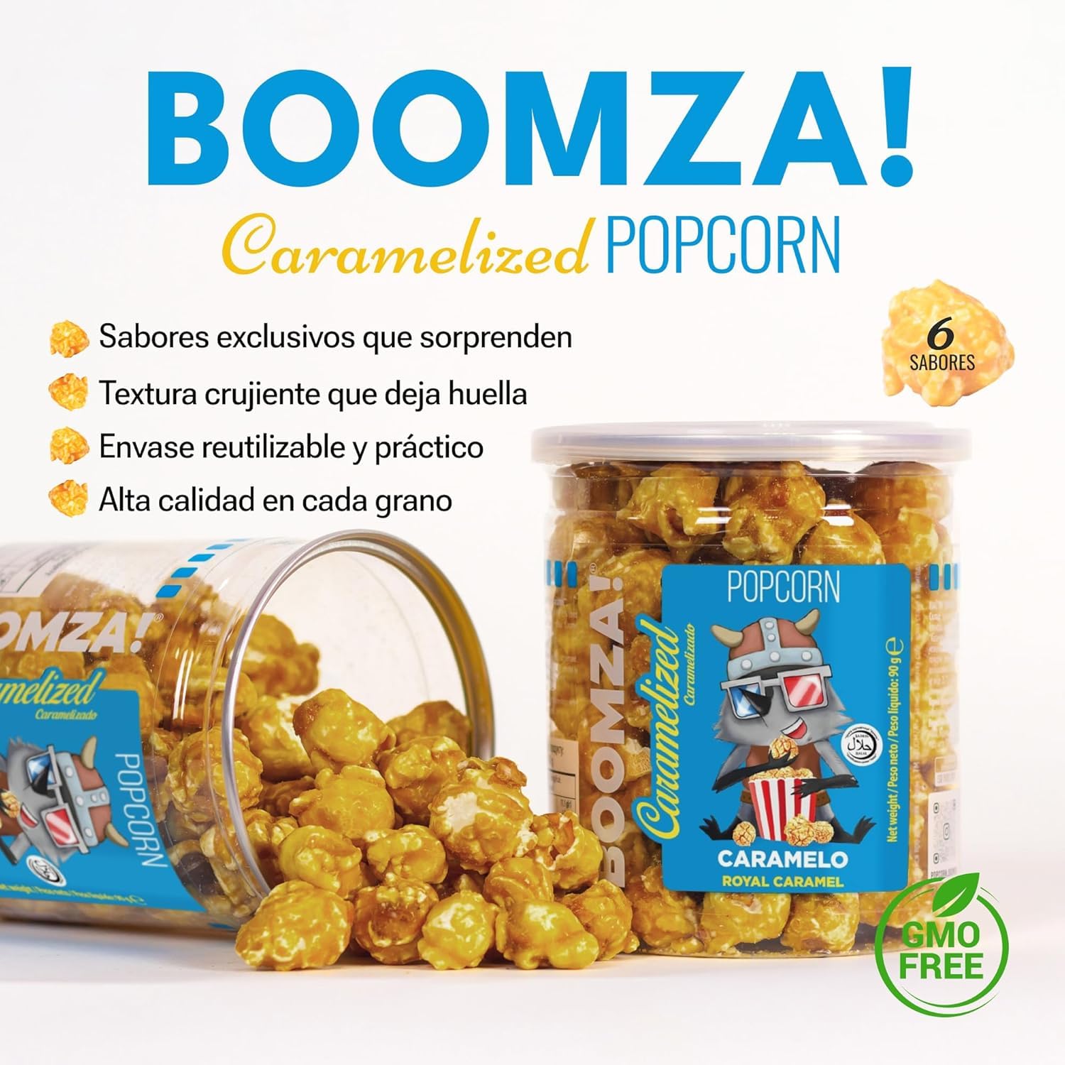 BOOMZA – Pack 12x90 g Palomitas caramelizadas Caramelo Real – snack crujiente y dulce, sin GMO, perfecto para fiestas y compartir