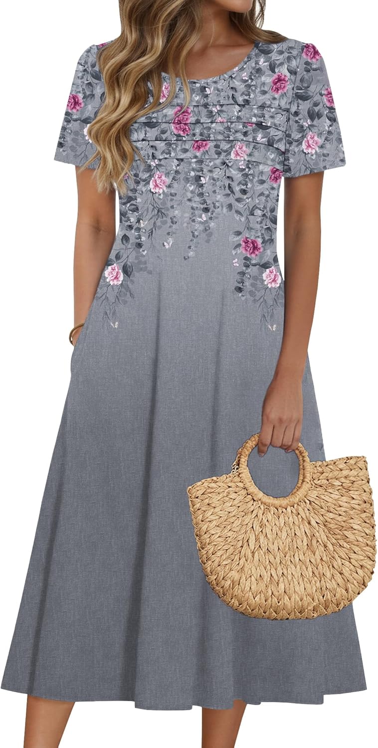 Zeagoo Womens Casual Dresses for Summer Short Sleeve Flare Midi Dress Loose Beach Sundress Pleated Front Dress with Pockets