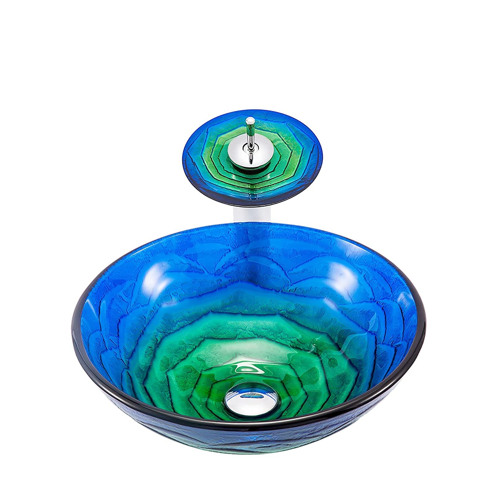 ASerZenith Bathroom Vessel Sink Vanity Tempered Glass Vessel Bowl Sink Round Countertop Sink Bowl Above Counter Sink Art Basin With Waterfall Faucet, Pop Up Drain, Inlet Pipe