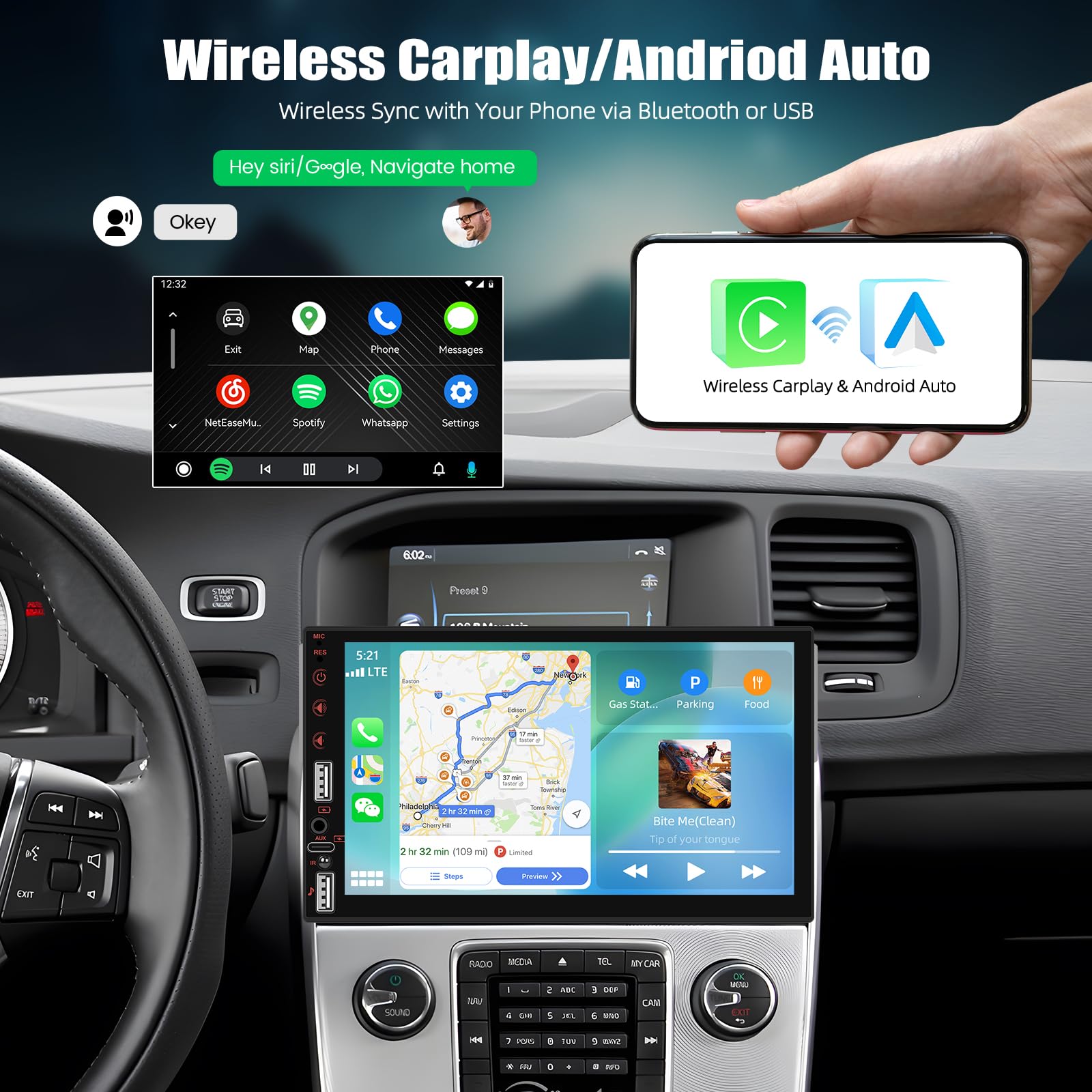 [WIRELSS] CAMECHO 7-calowy bezprzewodowy odtwarzacz samochodowy 1 DIN z dotykowym ekranem LCD obsługa CarPlay i Android Auto Bluetooth FM EQ USB/TF AUX-in + SWC