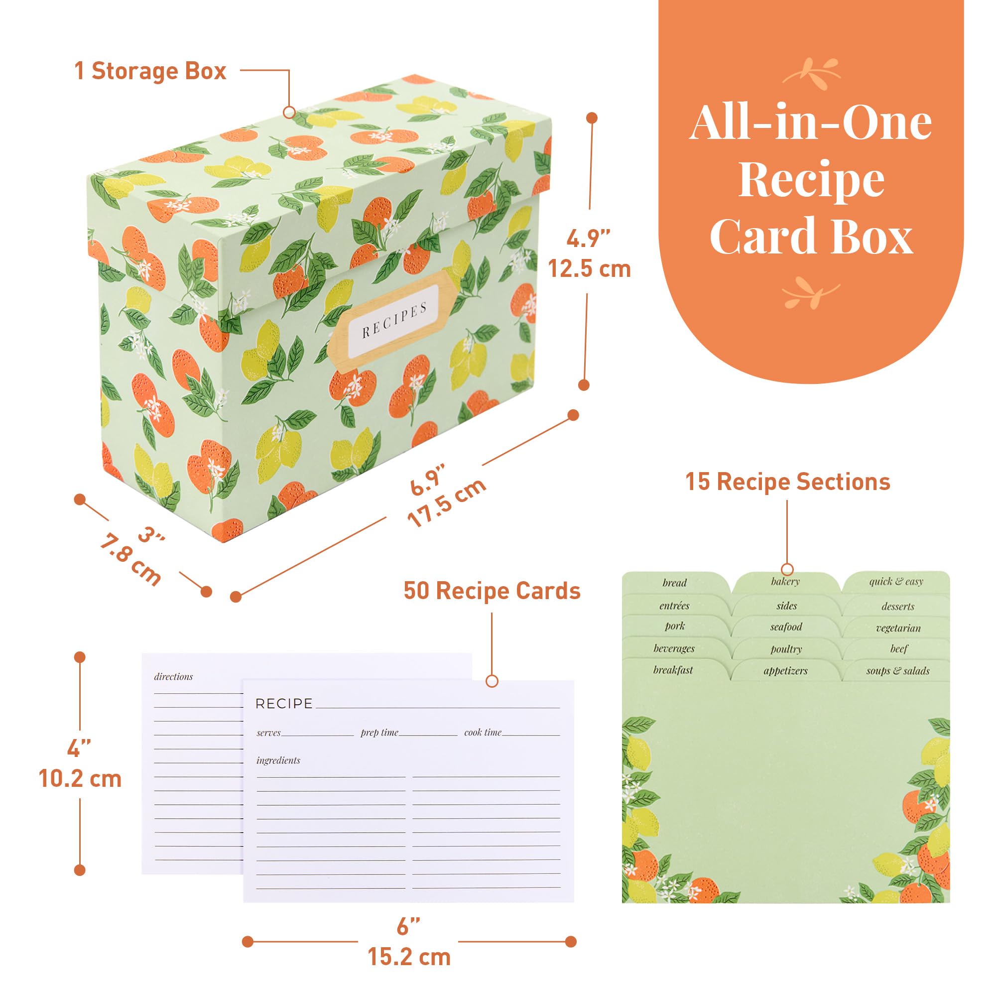 Rileys & Co Citrus Recipe Box - 6x4 Inch Cards, Includes 50 Recipe Cards and 15 Dividers, Cute Organizer for Family Recipes, Housewarming, Mom, Bridal Shower Gifts