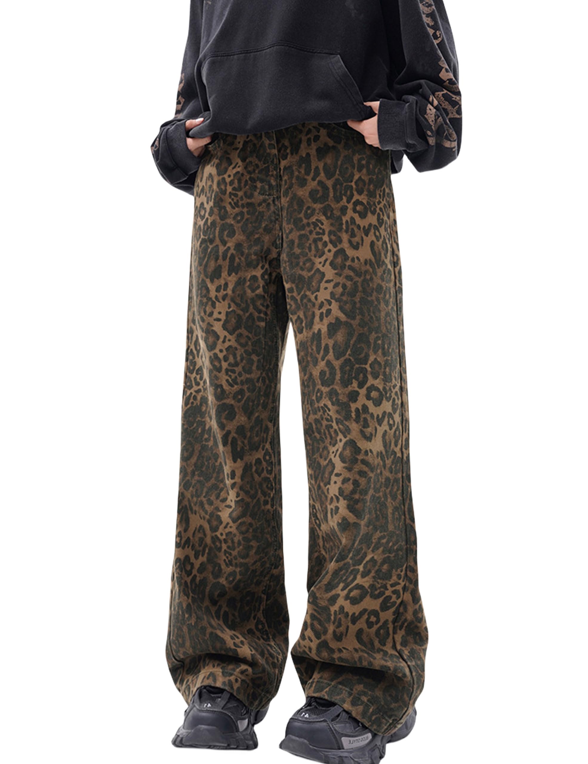 Y2k Leopard Pants Wide Leg Jeans Woman Loose Fit Jeans Hip Hop Pants Vintage Baggy Trousers