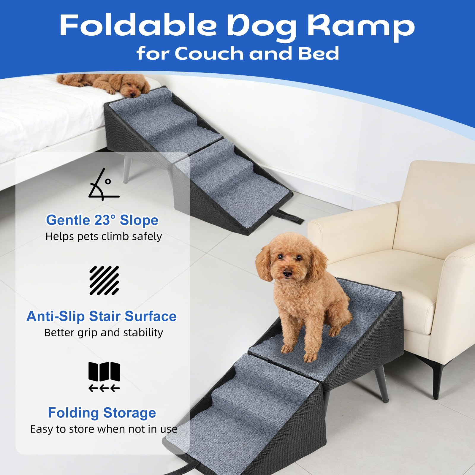 Escalier Pliable pour Chien et Chat Petite Taille, Marchepied Antidérapant | Revêtement en Coton et Lin, Pieds en Métal Stables, Escalier Pliable pour Canapé et Lit, Cadre en Bois, 74,5 × 27,5 × 34 cm