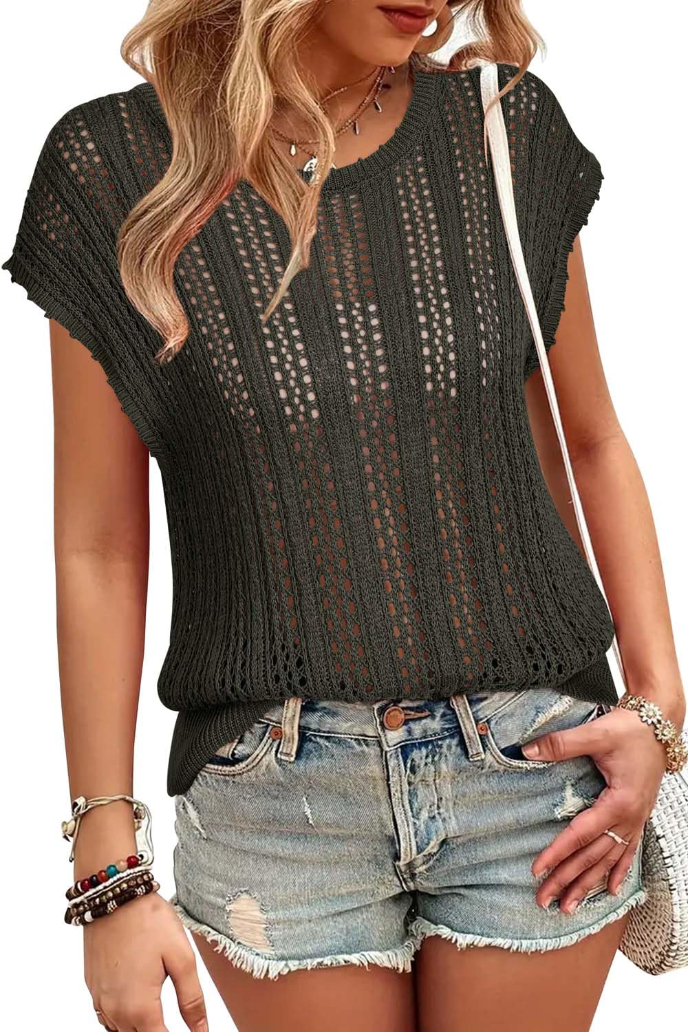 Arach&Cloz Womens Summer Crochet Tops 2024 Lightweight Cap Sleeve Crew Neck Knit Fashion Casual Sleeveless Sweater Vest