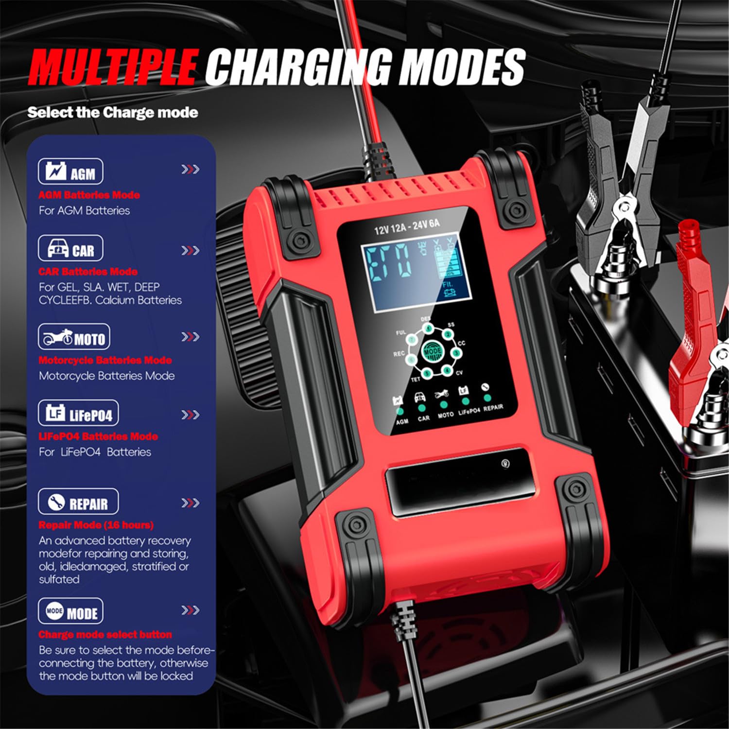 Cargador de batería 7 etapas con botón Pantalla Digital Grande protección múltiple y Modo reparación 100-240V para Coche SUV RV Motocicleta camión yate