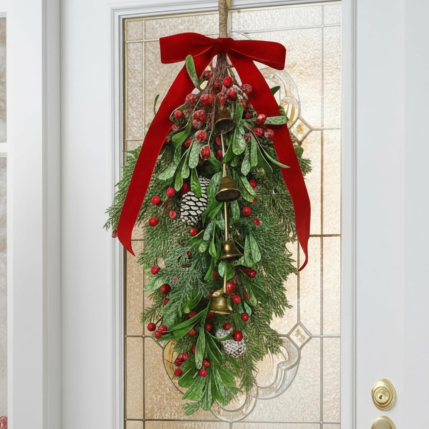 1pcs christmas teardrop swag 30'' mistletoe artificial christmas mailbox swag decorative pine cedar holly berry hanging wreath for cabinet door wall outdoor holiday decor (classic,red) classic red 1