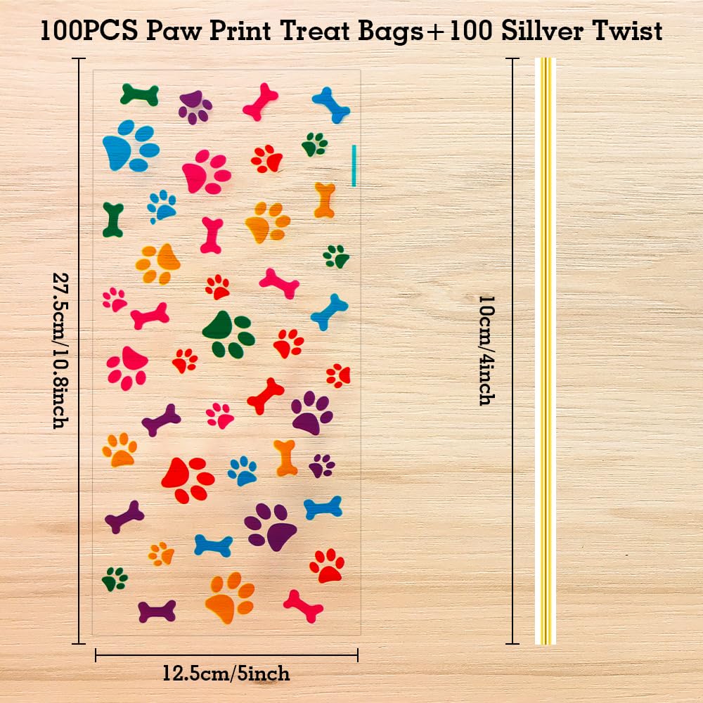 Dog Paw Print Plastic Gift Bags - 100 Count With Silver Ties For Treats & Party Favors