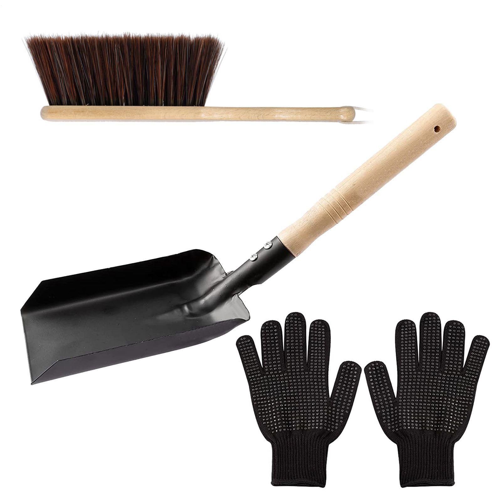Pala de chimenea de madera y metal, kit con cepillo para estufa de leña