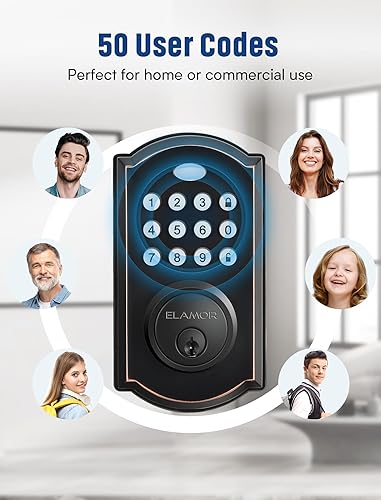 Miniatura 7 de ELAMOR M19 - Cerradura de puerta de entrada sin llave con 2 manijas de palanca, bloqueo automático, 50 códigos de usuario, cerradura de puerta