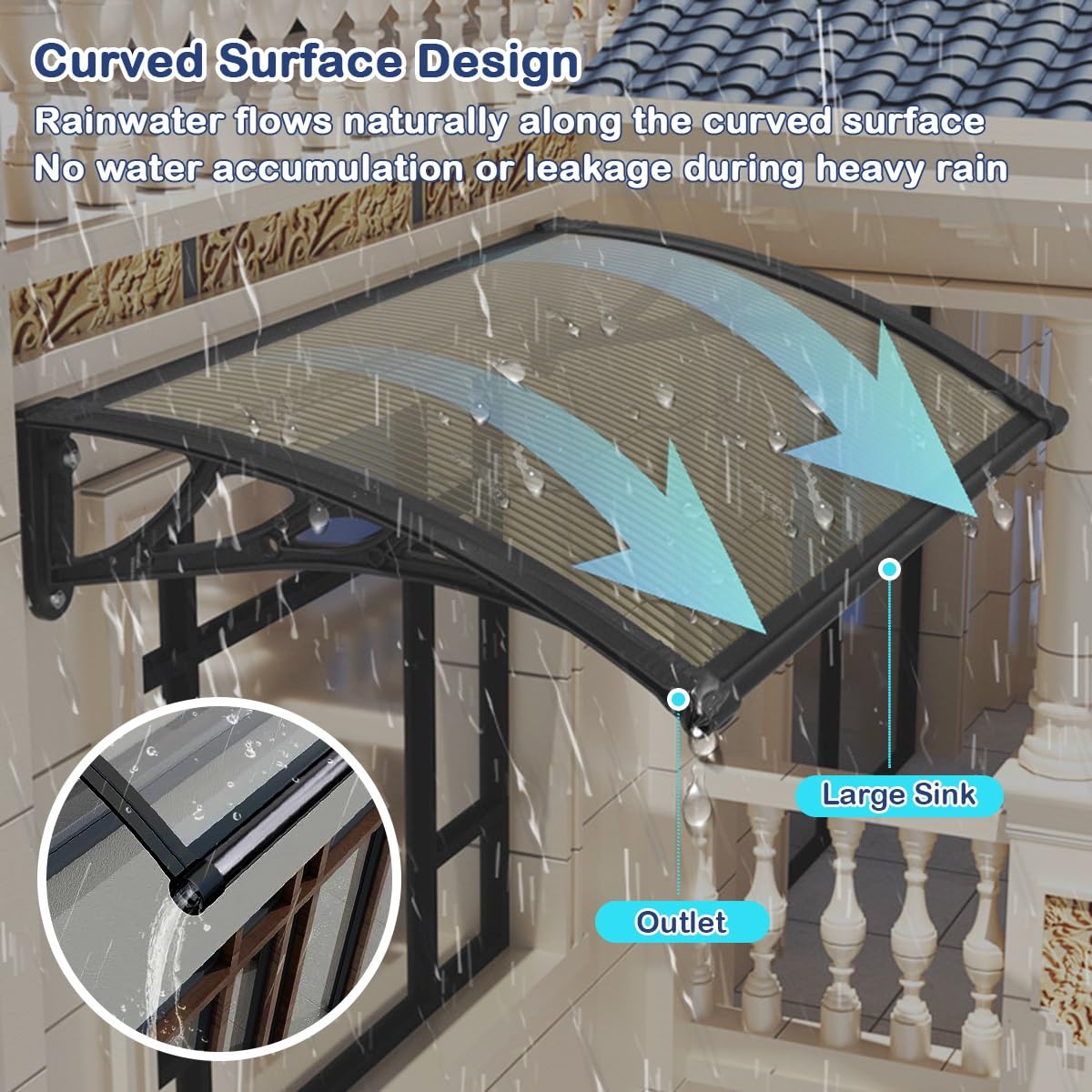 Tettoia per porta da terrazza resistente ai raggi UV, 60 x 120 cm, in policarbonato resistente, per protezione da pioggia e sole, colore: marrone con sistema di drenaggio integrato