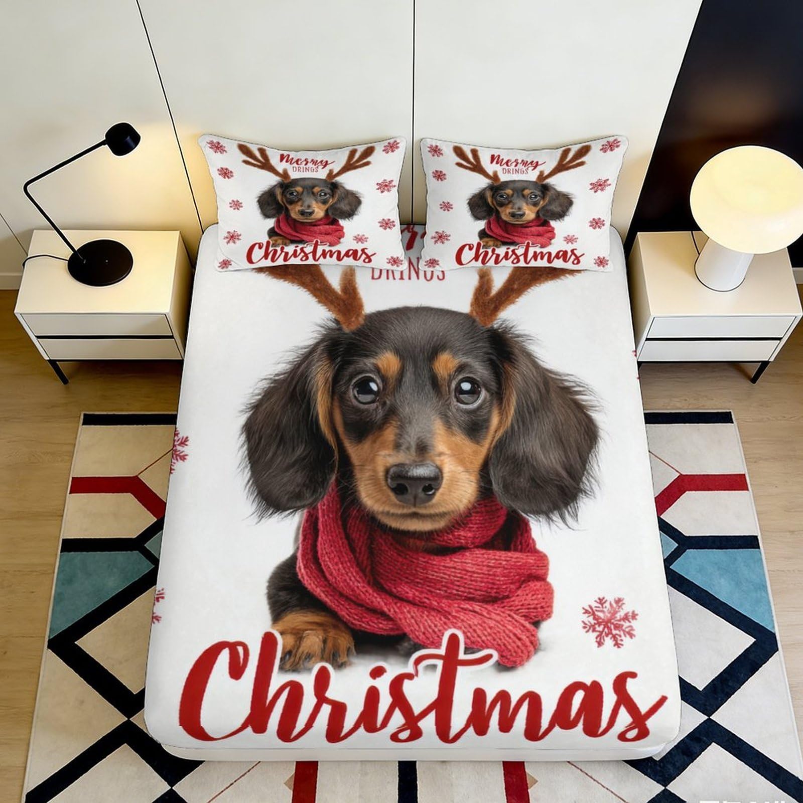 3D Printed Christmas Dachshund Fitted Sheet Microfiber Soft Dog Pattern Bed Sheet for Bedroom Guest Room Decor 90x200x25cm
