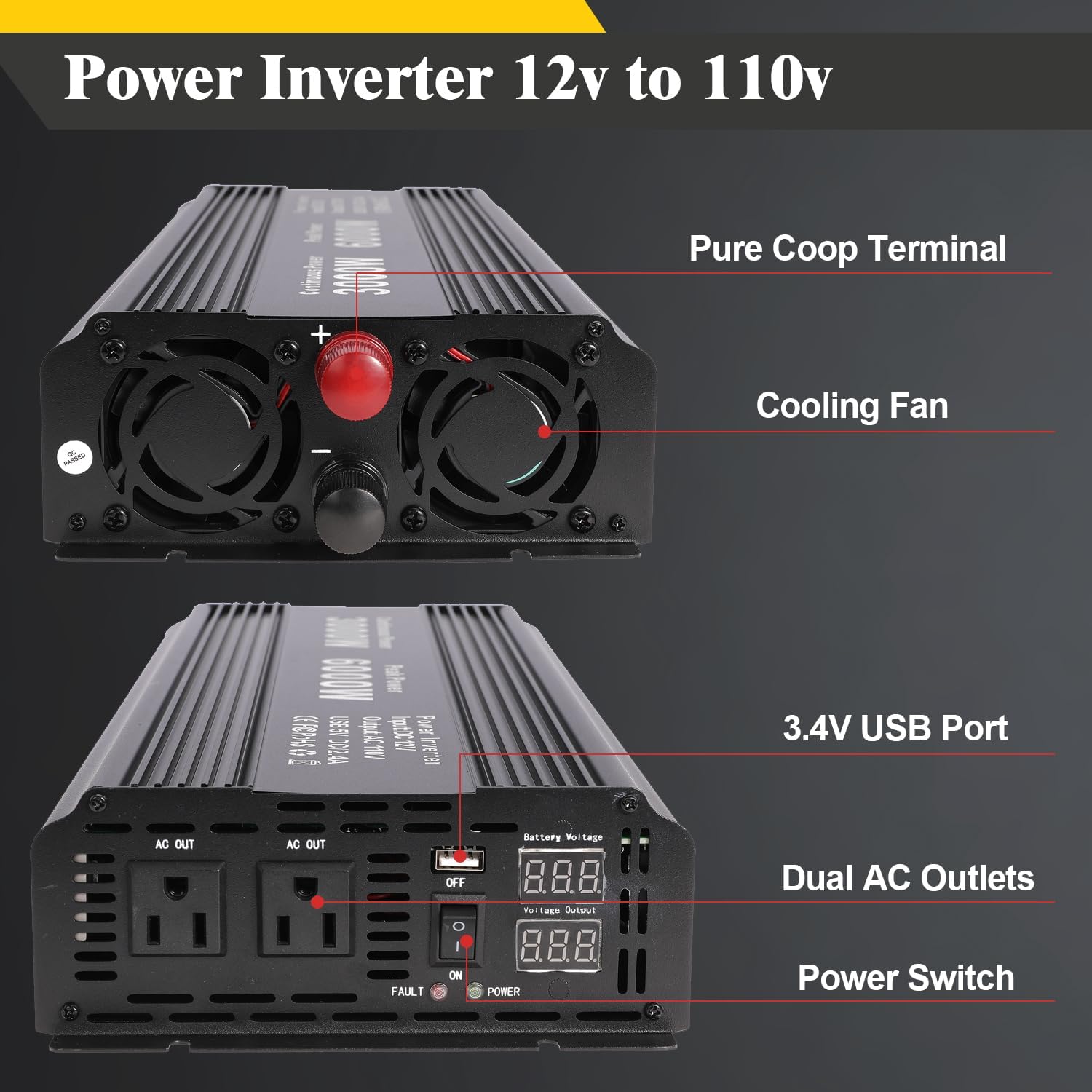 3000W Power Inverter Peak Power 6000W 12V DC to 110V 120V AC Converter with USB Port, 2 AC Outlets, 1 Pair Battery Cables, LCD Display for Vehicles Car Outdoor RV Boat Camping Emergency