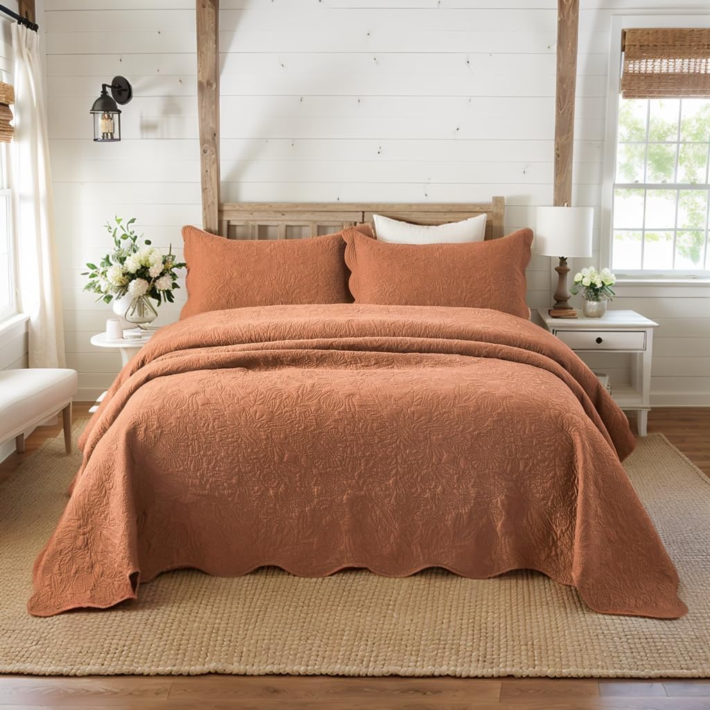 Brandream Botanical Bedding Collection Premium Cotton Quilt Set Queen Size Exquisite Floral Vine Stitching Scalloped Quilts Boutique Bedspread Burnt Orange 3-Piece
