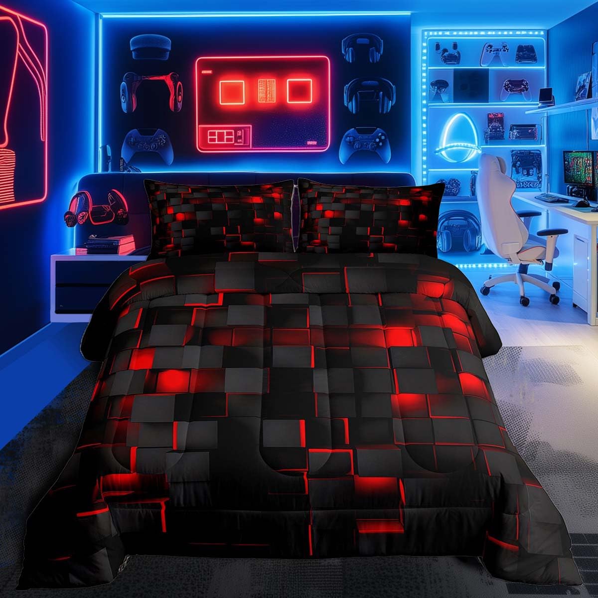 Feelyou Red and Black Bedding Set Full Size Light Geometric Comforter Set for Kids Boys Girls Decor Comforter Modern Duvet Set