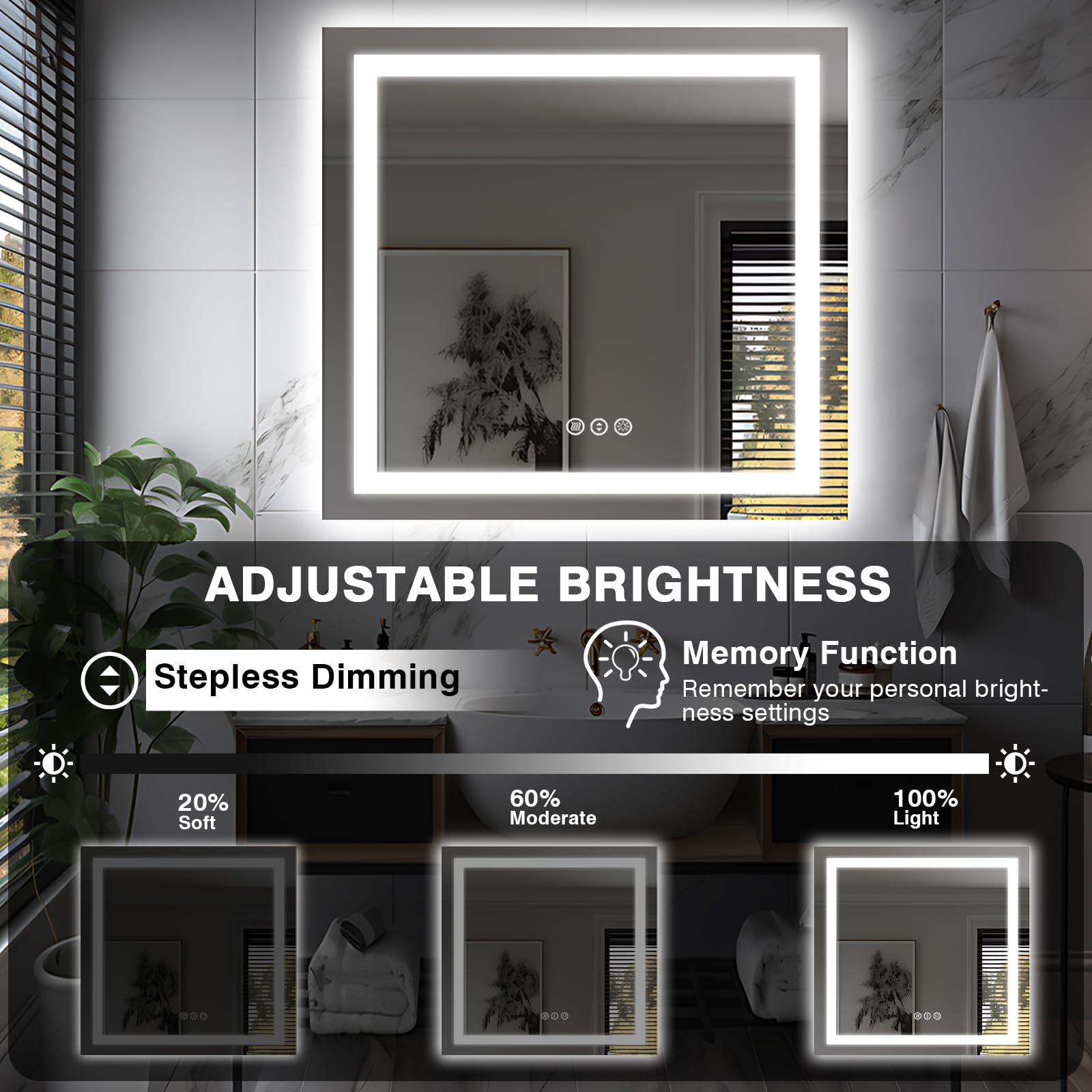 EchosLife 91,4 x 91,4 cm quadratischer LED-Badezimmerspiegel (vorne und hinterleuchtet), beschlagfreier Kosmetikspiegel mit Lichtern, stufenlos, 3 Farben, dimmbar, intelligenter beleuchteter Spiegel