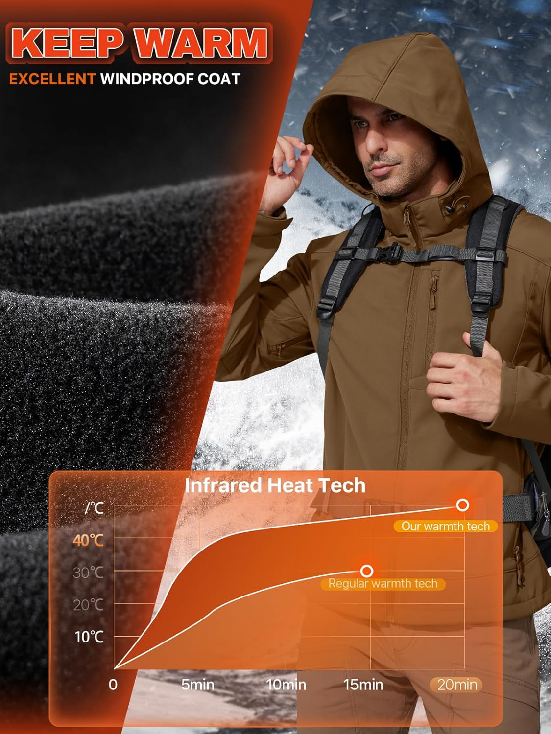 FREE SOLDIER Men's Lightweight Softshell Jacket Winter Fleece Lined Hooded Rain Waterproof Hiking Outdoor Jackets (Brown,L) - Image 2