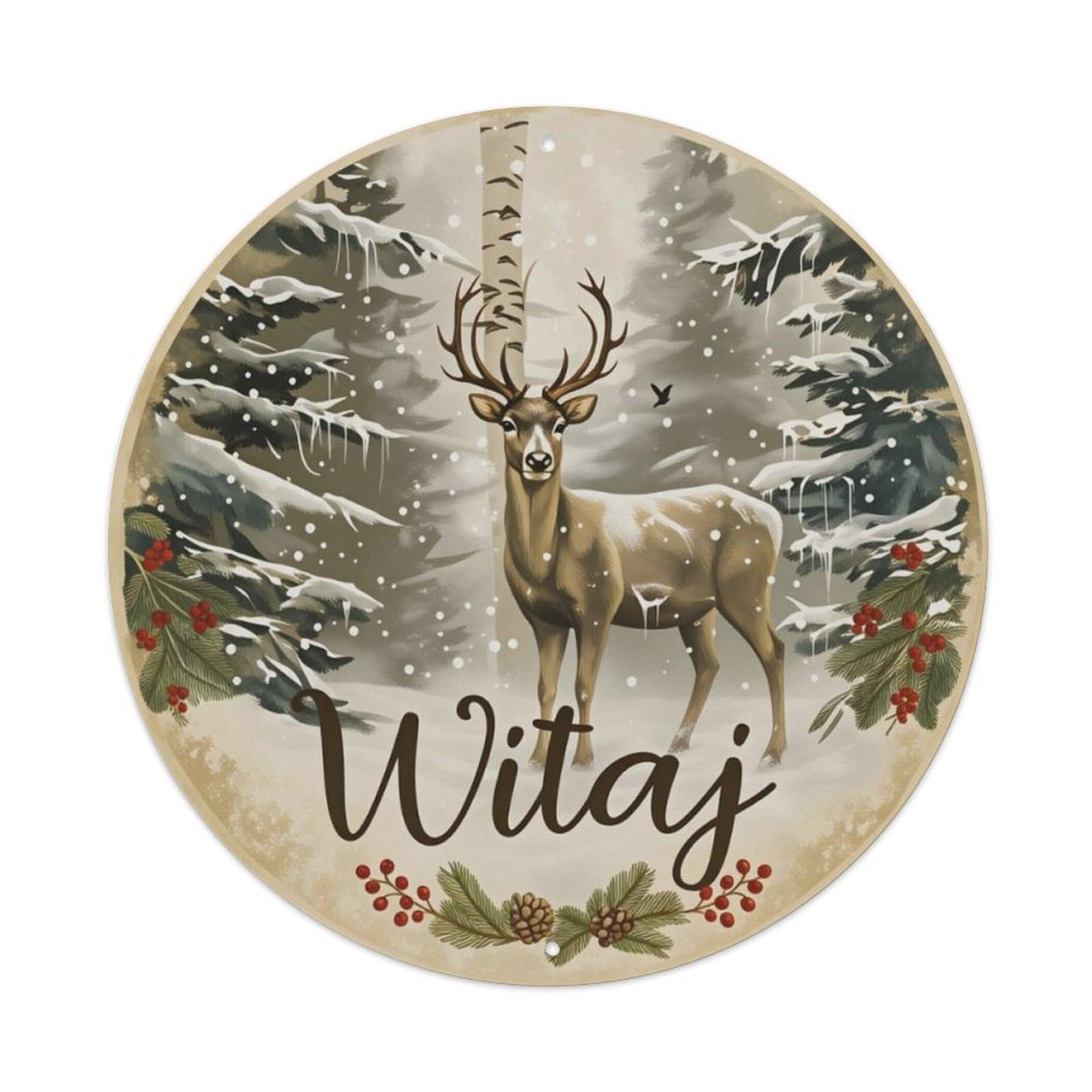 Winter Forest Deer Polish Welcome Round Sign Vintage Aluminium Metal Sign, Retro Wall Decor for Home, Bar, Garage & Farmhouse 20x20cm