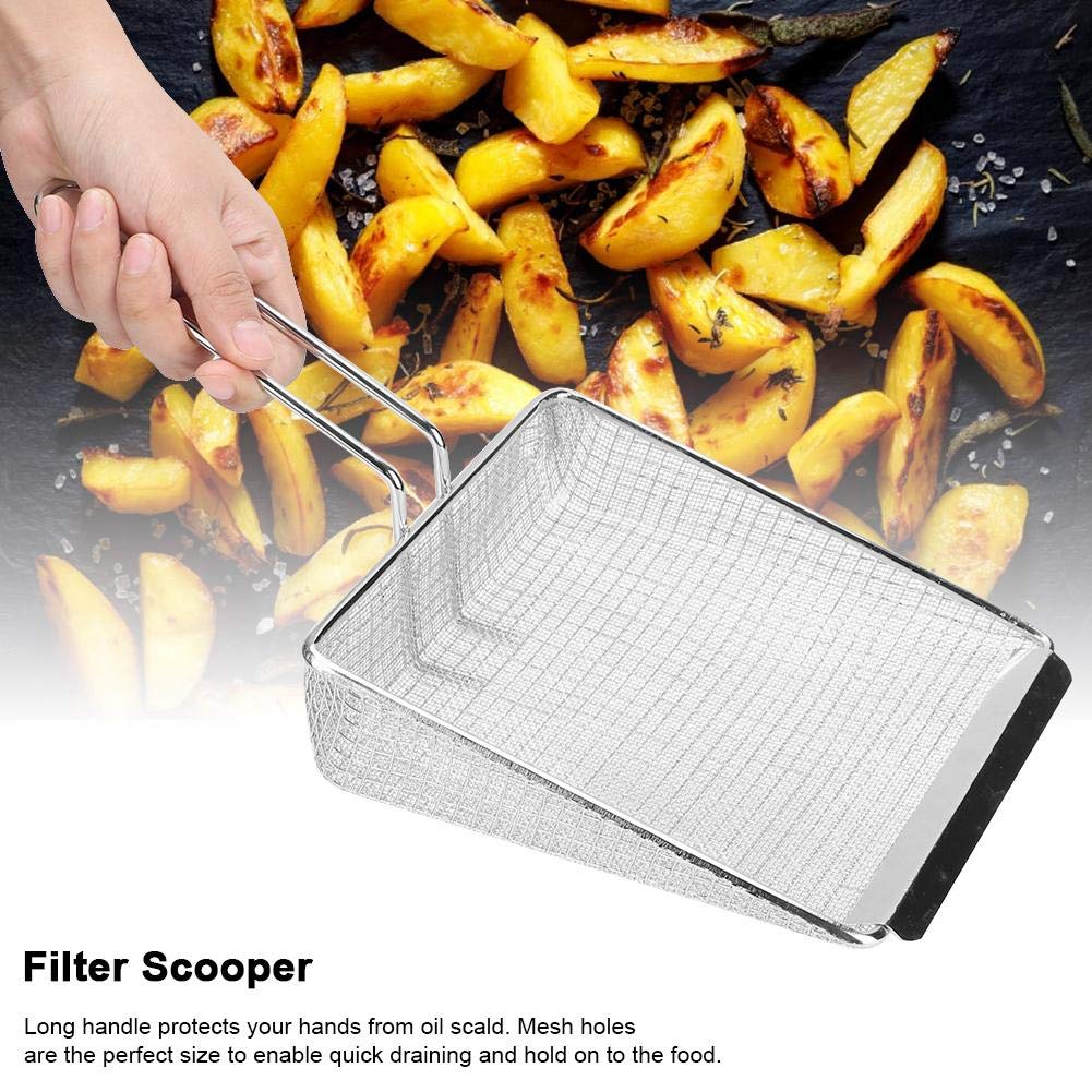 Metal French Fry Scoop, Fine Mesh Skimmer Spoon Stainless Steel Fry Scooper Food Flat Scoop with Handle Kitchen Strainer Spoon Frying Strainer for Cooking Frying(Silver)