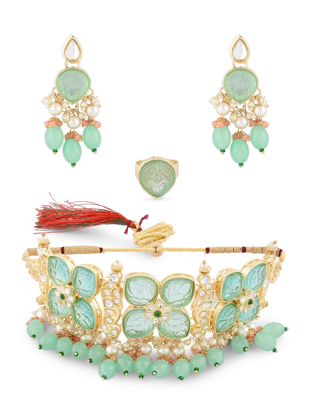ZAVERI PEARLS Green & Peach Stones & Beads Kundan Choker Necklace Earring & Ring Set For Women-ZPFK14722 (B0BDG8CPBF) Amazon Price History, Amazon Price Tracker