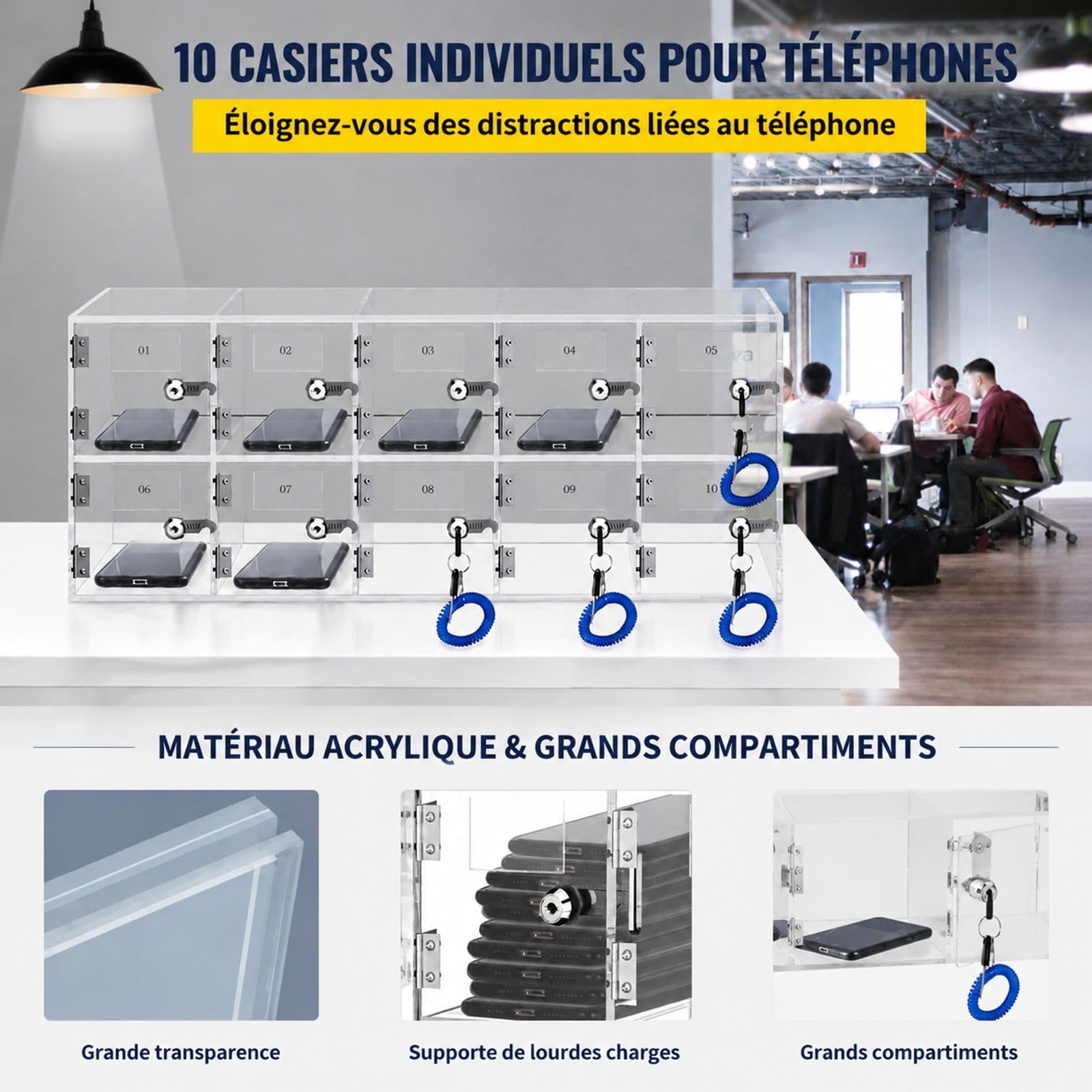 Casier pour téléphones portables en acrylique transparent avec 10 emplacements et clés, armoire de rangement pour bureau, école et salle de réunion