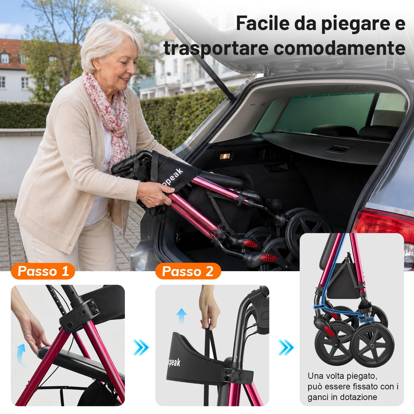 R4 deambulatore pieghevole con seduta, girello per anziani,altezza regolabile in 5 livelli su sedile e maniglie, Deambulatori a 4 ruote, Con borsa della e freni, portata max 100KG