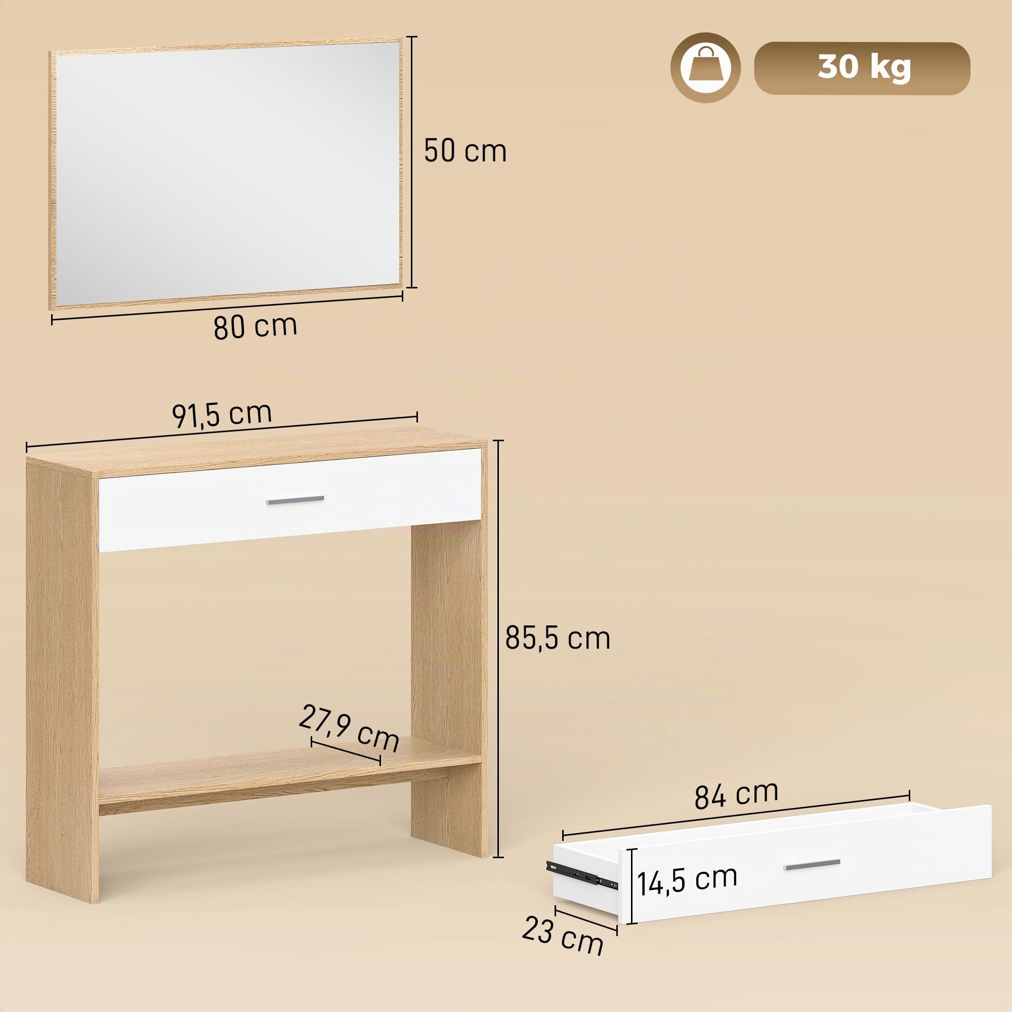 HOMCOM Console Meuble + Miroir avec tiroir 91,5 x 27,9 x 85,5 cm chêne | Table Console Étroite, Avec Étagère, Style Moderne, Table d'Entrée, Couloir, Salon, Petits Espaces