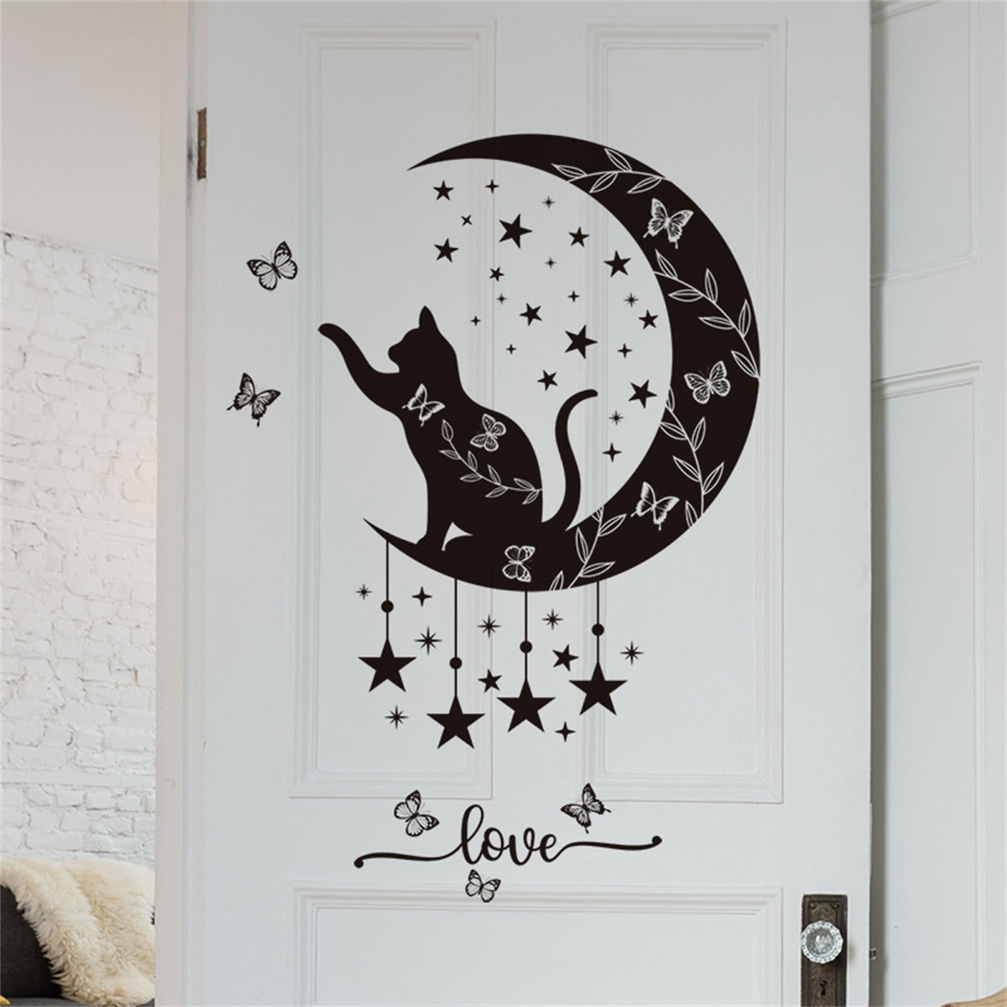 Photo 1 of *2 packs* Super Cute Cat and Butterfly Starry Night Style Removable Wall Decals Animal Wall Stickers Bedroom Living Room TV Wall Door Decor Murals (Cat and Star Moon)