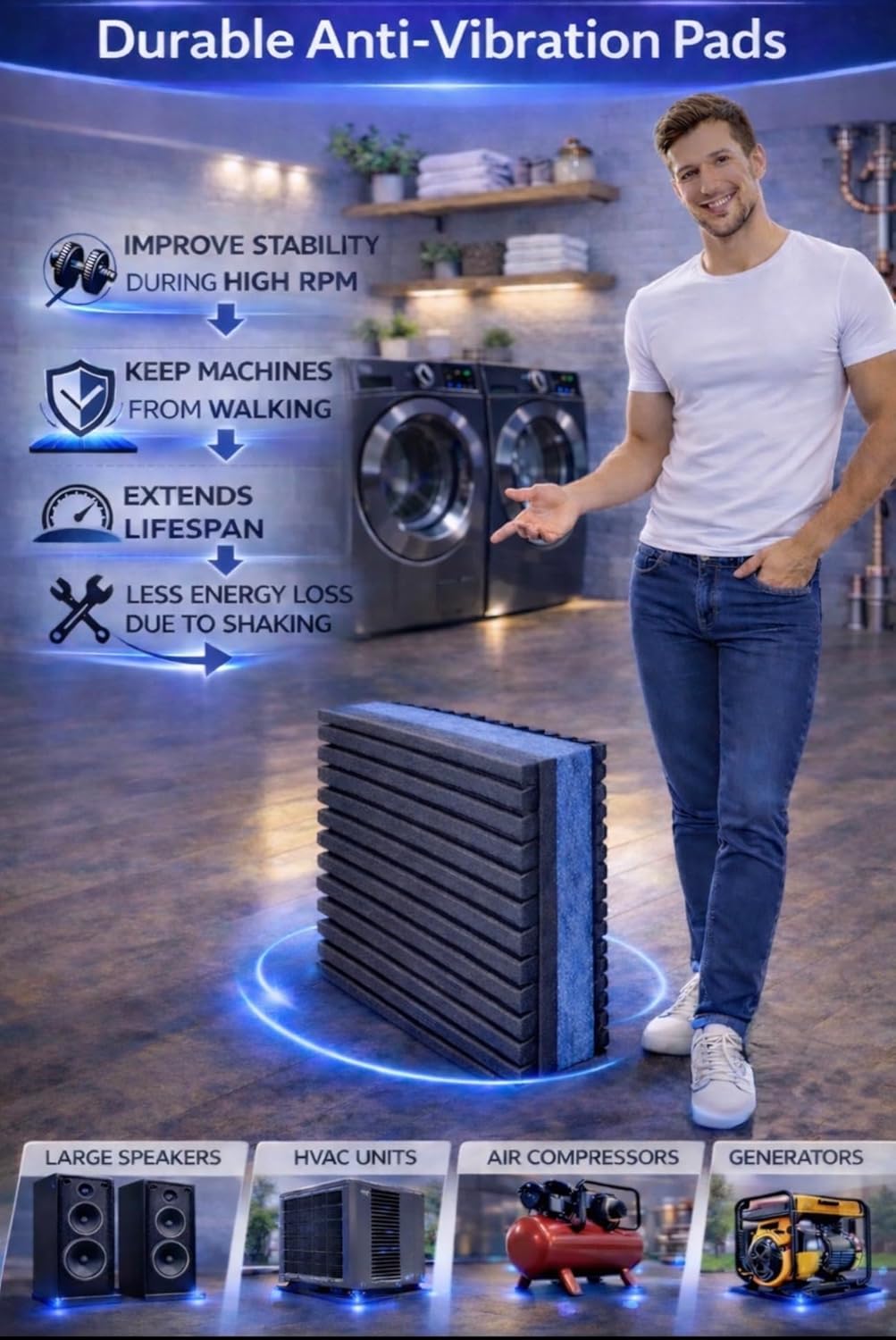(6) Anti Vibration Pads 4" x 4" x 7/8" Thick, Heavy Duty, Non-Slip Shock Absorbing Vibration Isolation for Washer, Dryer, HVAC, Air Compressor, Generator, Treadmill Floor Protector, Customizable