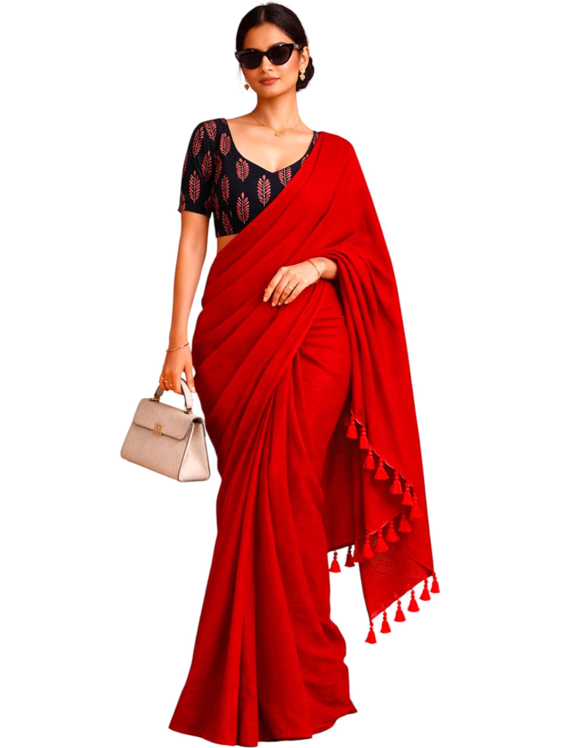 SOLID PLAIN HANDLOOM COTTON SAREE WITH SEPARATE KALAMKARI PRINTED BLOUSE PIECE-image-15
