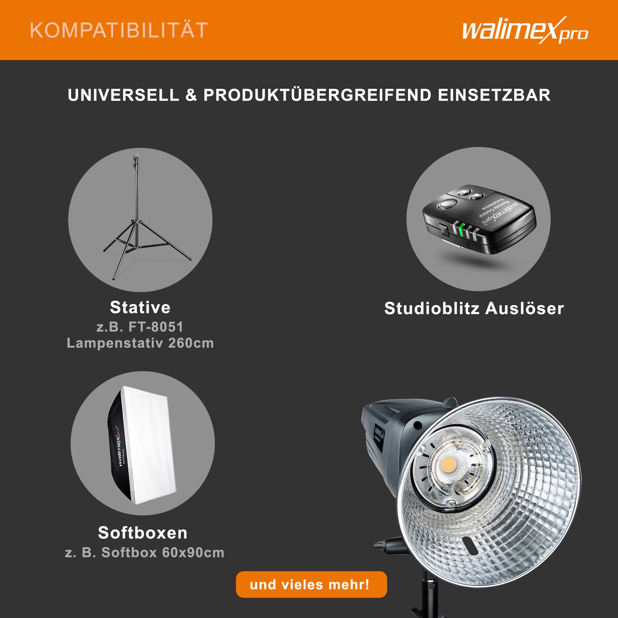 Walimex pro Emerger 400 Studioblitz mit 400 Ws Blitzleistung, Blitzgerät mit 2,4 GHz Funk, Fotoblitz mit kurzer Wiederaufladezeit, Blitzleuchte mit dimmbarem LED-Einstelllicht