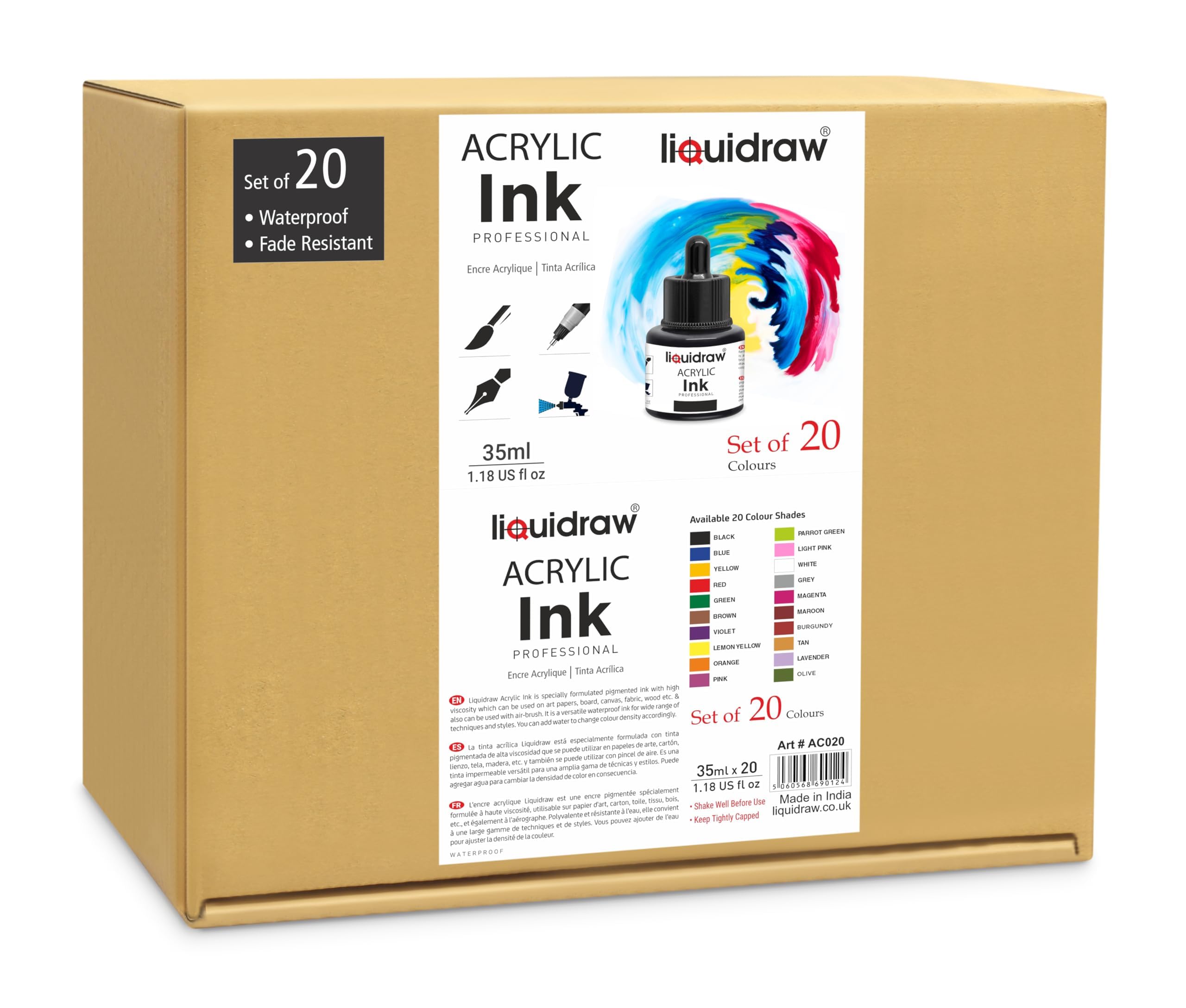 Liquidraw Encre à dessin acrylique – 20 couleurs assorties | Flacons de 35 ml avec compte-gouttes | Convient pour la peinture, l'art, le dessin et le design | Pour les professionnels, les artistes
