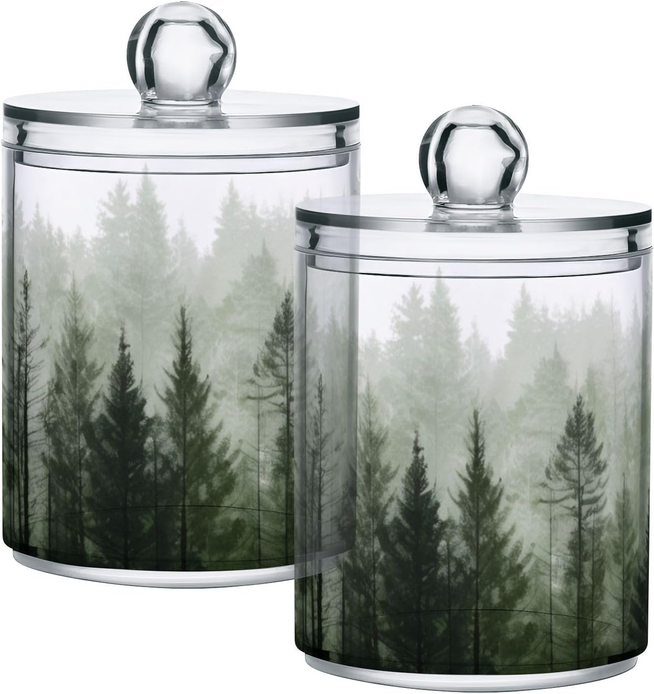 Qilmy Pine Trees Qtip Holder 2 Pack, 14 oz Apothecary Jars Bathroom Vanity Organizer Canister for Qtips, Cotton Swabs, Cotton Balls, Cosmetic Pads, Flossers, Bath Salts