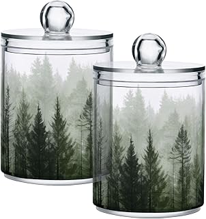 Qilmy Pine Trees Qtip Holder 2 Pack, 14 oz Apothecary Jars Bathroom Vanity Organizer Canister for Qtips, Cotton Swabs, Cotton Balls, Cosmetic Pads, Flossers, Bath Salts