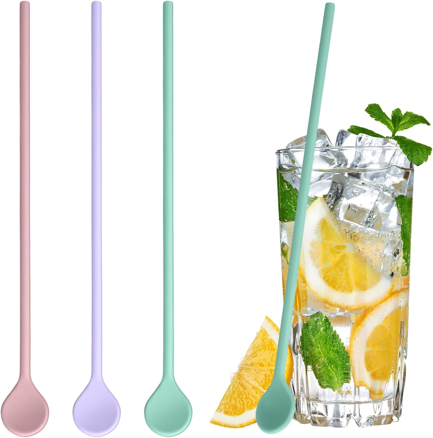 JIEYAO 3 Pcs 9.8″ Silicone Stirrer Stick Spoon, Reusable Coffee Long Cocktail Stirs Swizzle Sticks Iced Tea Spoon Long Handle Multipurpose Stirring Tool for Beverage Milk Mixing(Pink, Purple, Green)