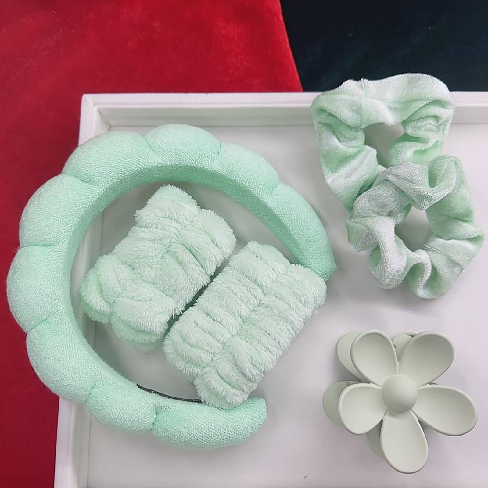 Set di fasce per capelli da spa con spugna per lavaggio e trucco, asciugamano da bagno per pulire il viso o il raggio del bagno. (verde, codice medio)