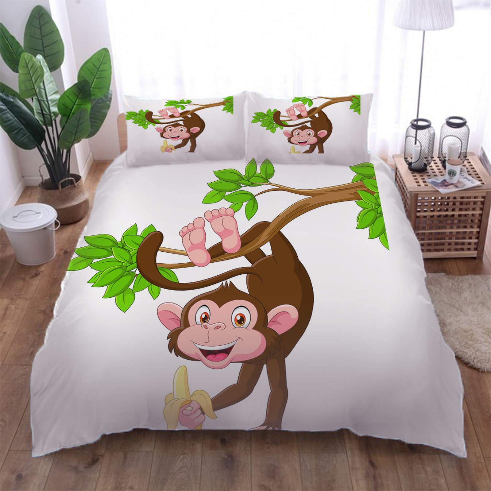AOUAURO Single Duvet Cover Set Cartoon monkey hanging upside down 3D Printed Bedding Set with Zipper Closure in Polyester 1 Quilt Cover 2 Pillowcases for Children Adults Teens 140x200cm 3PCS Set