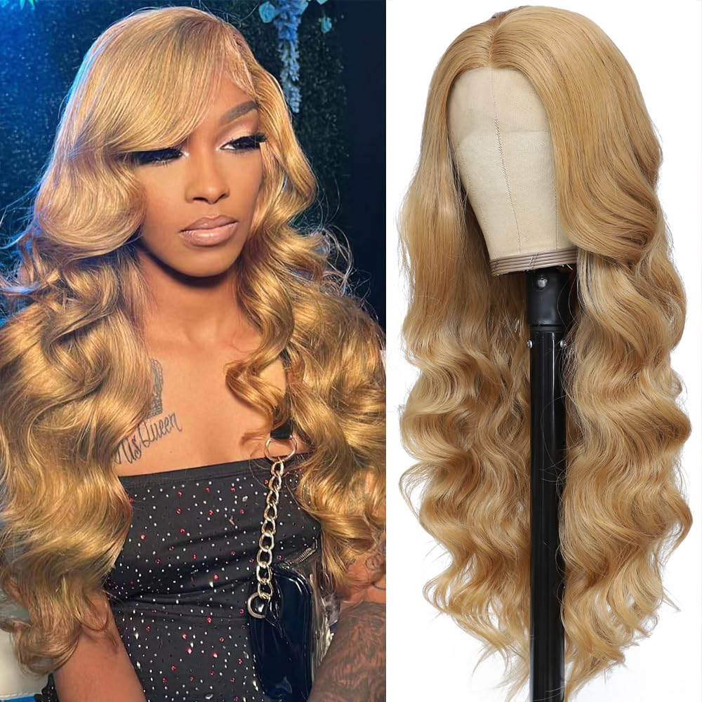 30 Inch Synthetic Lace Front Wig for Women - Honey Blonde HD Lace Wig - Glueless Pre Plucked Bleached Knots - Body Wave - Heat Resistant Fibre 180%