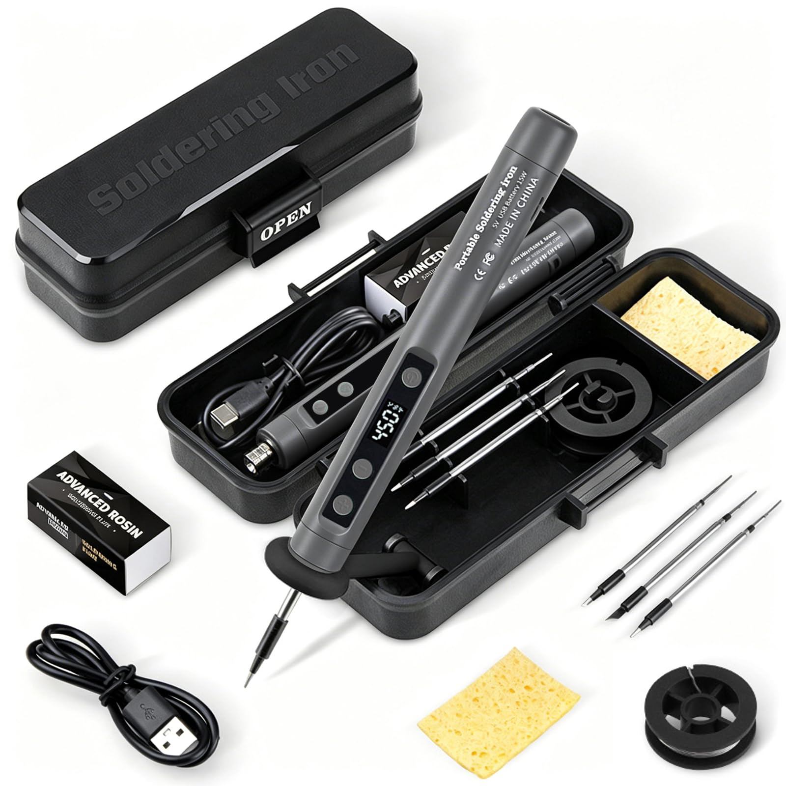 Kit de Soldador Inalámbrico, Soldador Estaño Inalámbrico, Soldador Portátil Recargable por USB con Pantalla LCD, Temperatura Ajustable, 3 Puntos de Soldadura, Pasta y Alambre de Soldadura