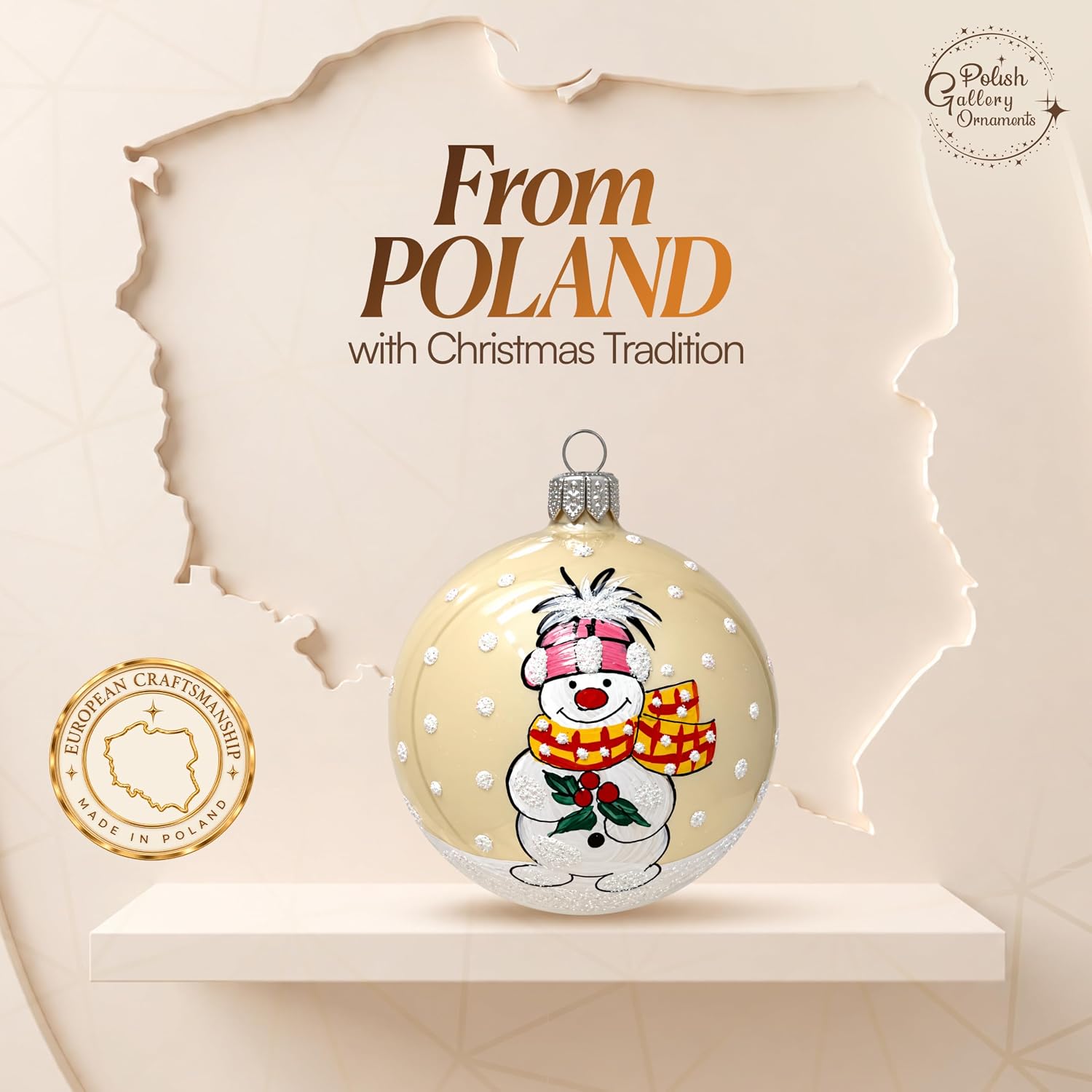 Snowman with Mistletoe Christmas Ornament Blown Glass Ball 3-inch (80mm) Vanilla Gold