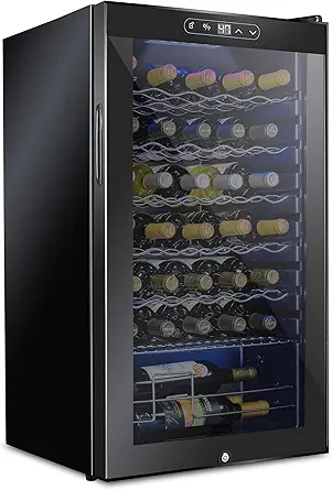 Schmecke 34 Bottle Compressor Wine Cooler Refrigerator w/Lock | Large Freestanding Wine Cellar | 41f-64f Digital Temperature Control Wine Fridge For Red, White, Champagne or Sparkling Wine - Black