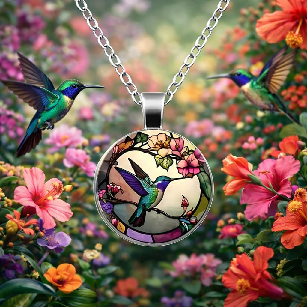 SUPAC Stunning Hummingbird Pendant Necklace - Two Humming Birds Searching for Flower - Fashionable Alloy Jewelry with Delicate Details - Birthday, Party, Gift Idea for Her