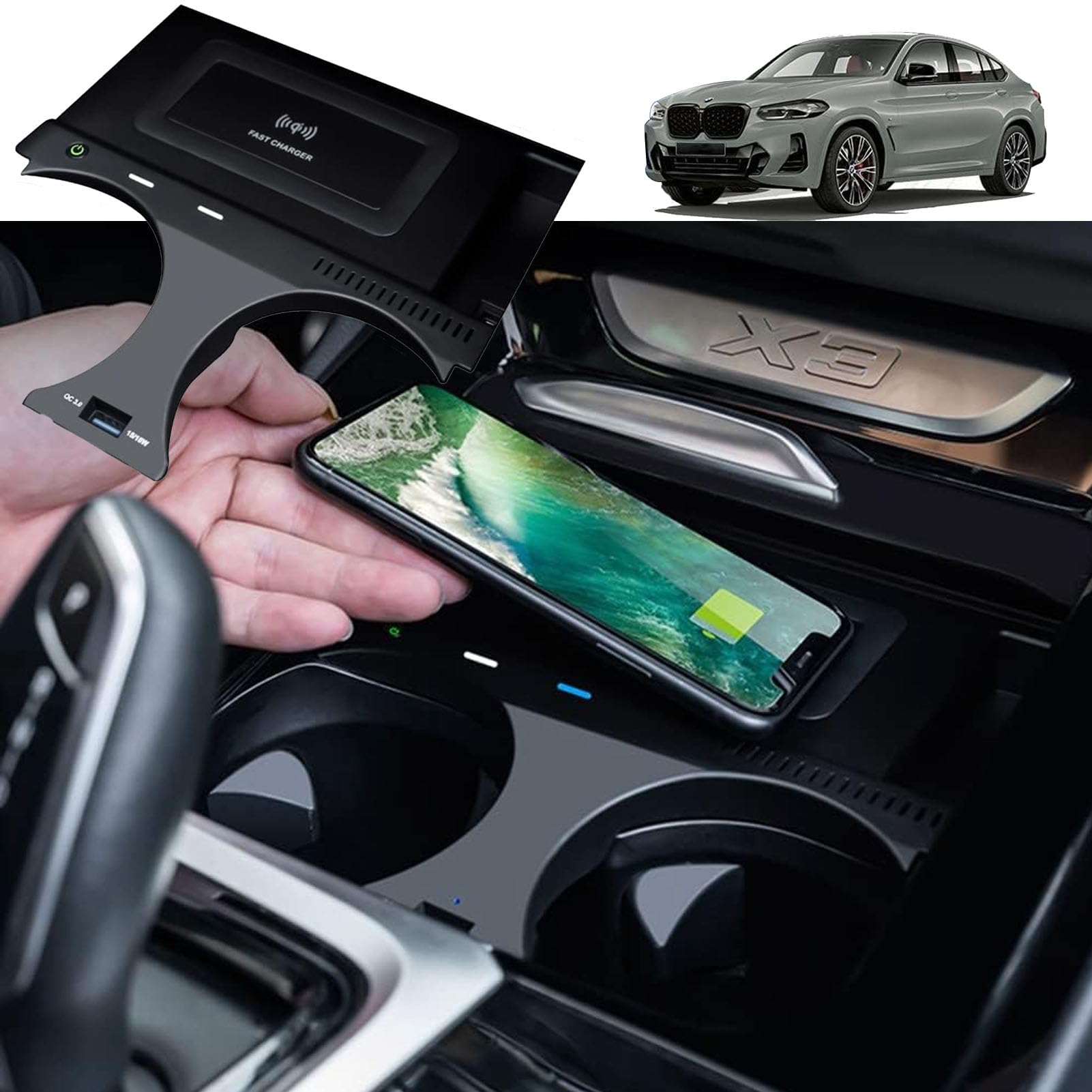 Bezprzewodowa ładowarka Samochodowa do BMW X3 X3M G01 2018-2022/X4 X4M G02 2019-2022 Panel Akcesoriów Konsoli środkowej, Szybka ładowarka 15W do Dowolnego Telefonu Z Obsługą Qi