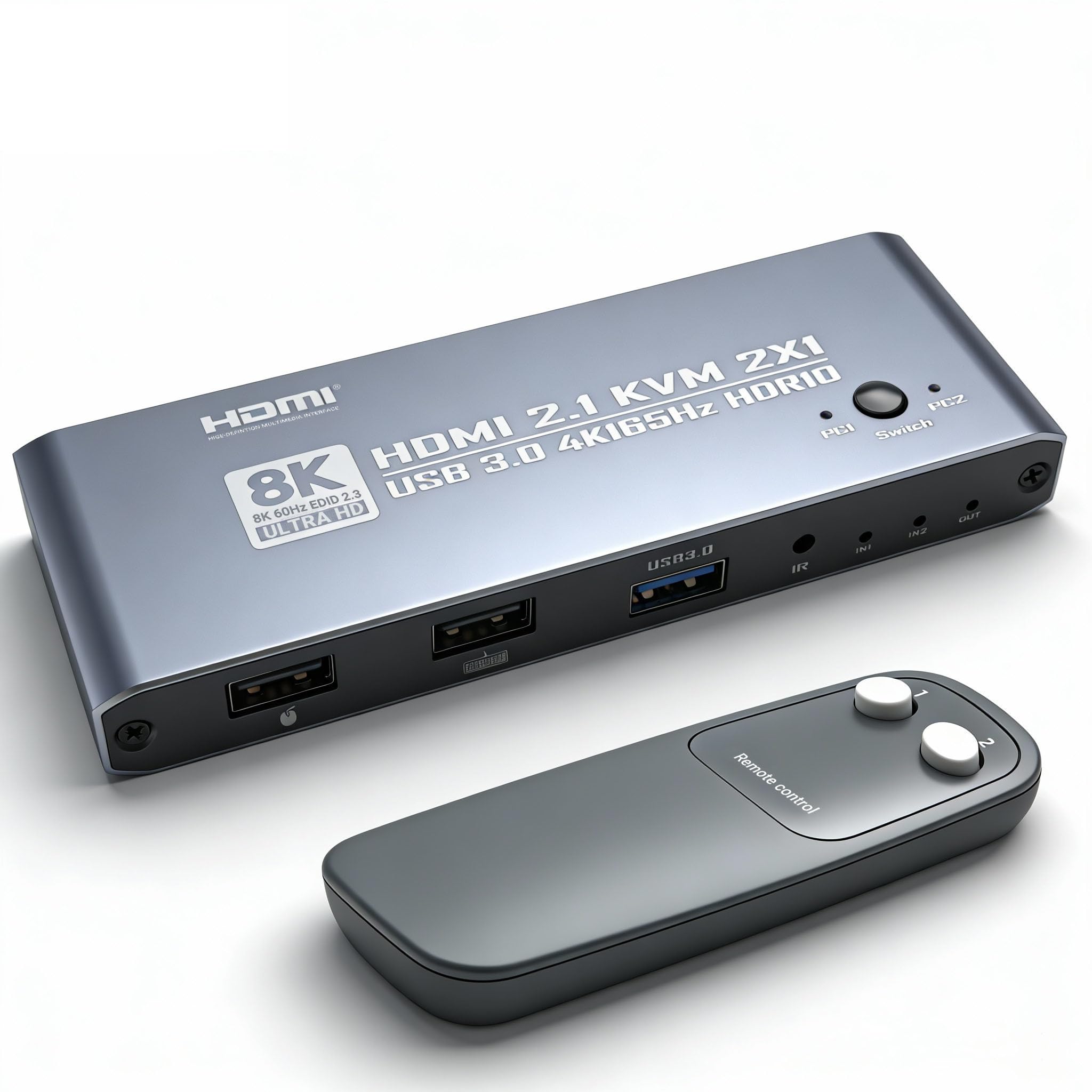 HDMI KVM Switch 4K@165Hz USB 3.0 8K KVM Switcher with IR Remote Control HDMI 2.1 HDCP 2.3 2-in-1 HDMI Switches for Home Office Gaming