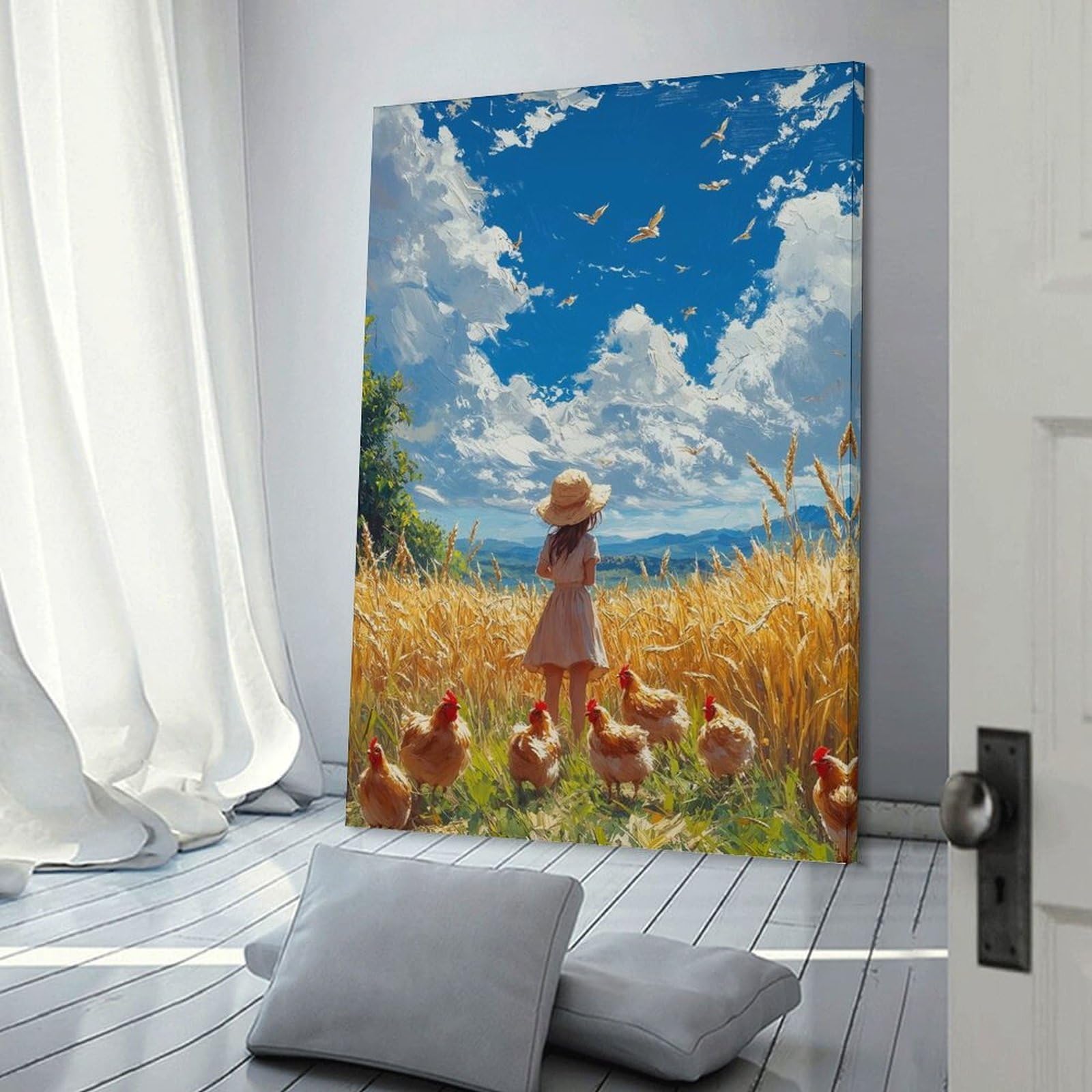 Junmoney Girls Frame-Style-14 Canvas Wall Art In Wheat Field With Chickens, 20X30inch(50X75cm), For Lounge, Study, Hallway Or Flat Walls, Canvas Wall Art That Fits Changing Layouts