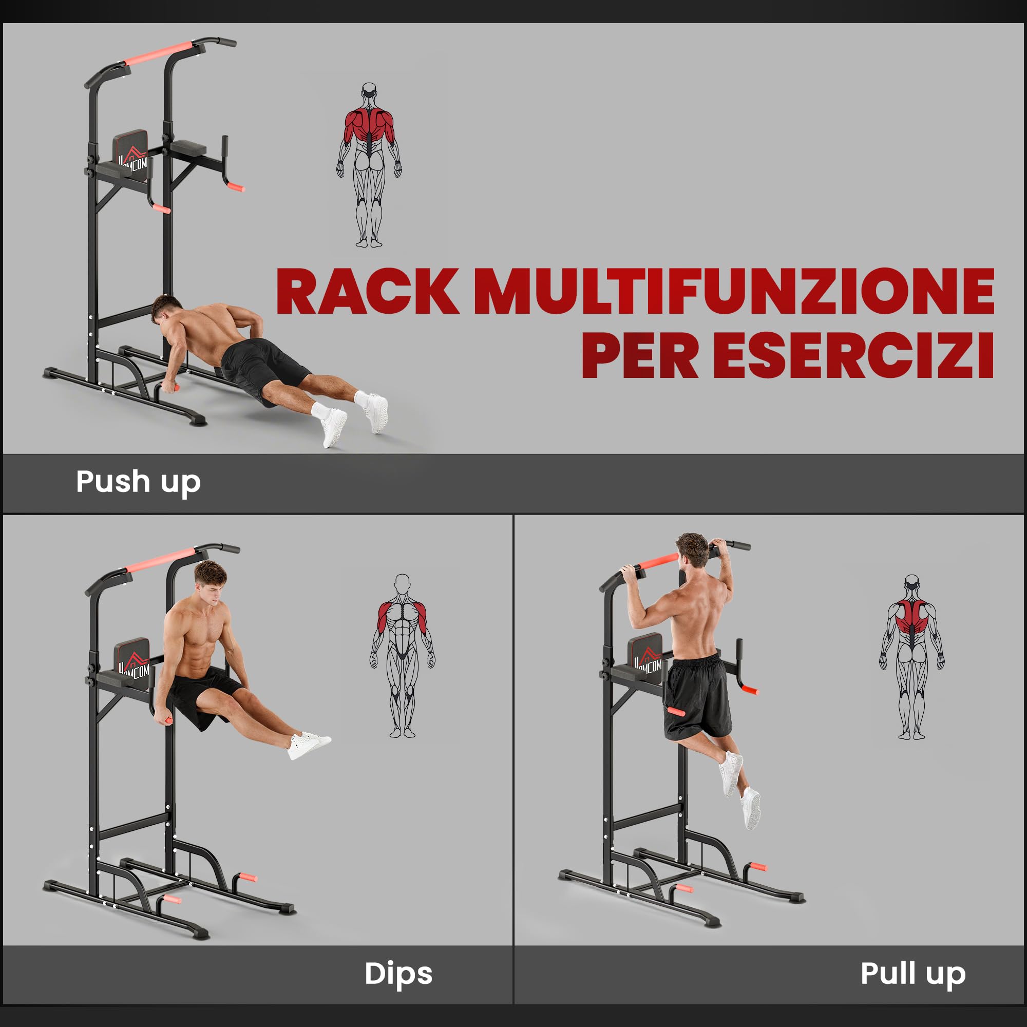 HOMCOM Barra per Trazioni Power Tower Stazione Fitness Multifunzione Regolabile 189-239cm in Acciaio Nero Rosso