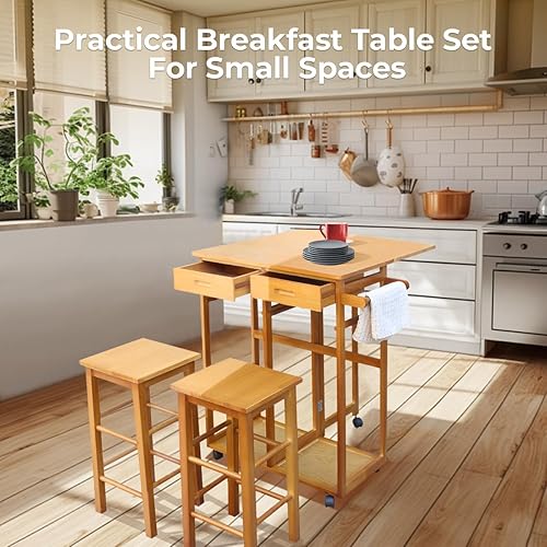 Miniatura 6 de Sheeroy 3 mesas móviles de hojas colgantes para espacios pequeños con almacenamiento, carrito de isla rodante para cocina con 2 taburetes, pequeña