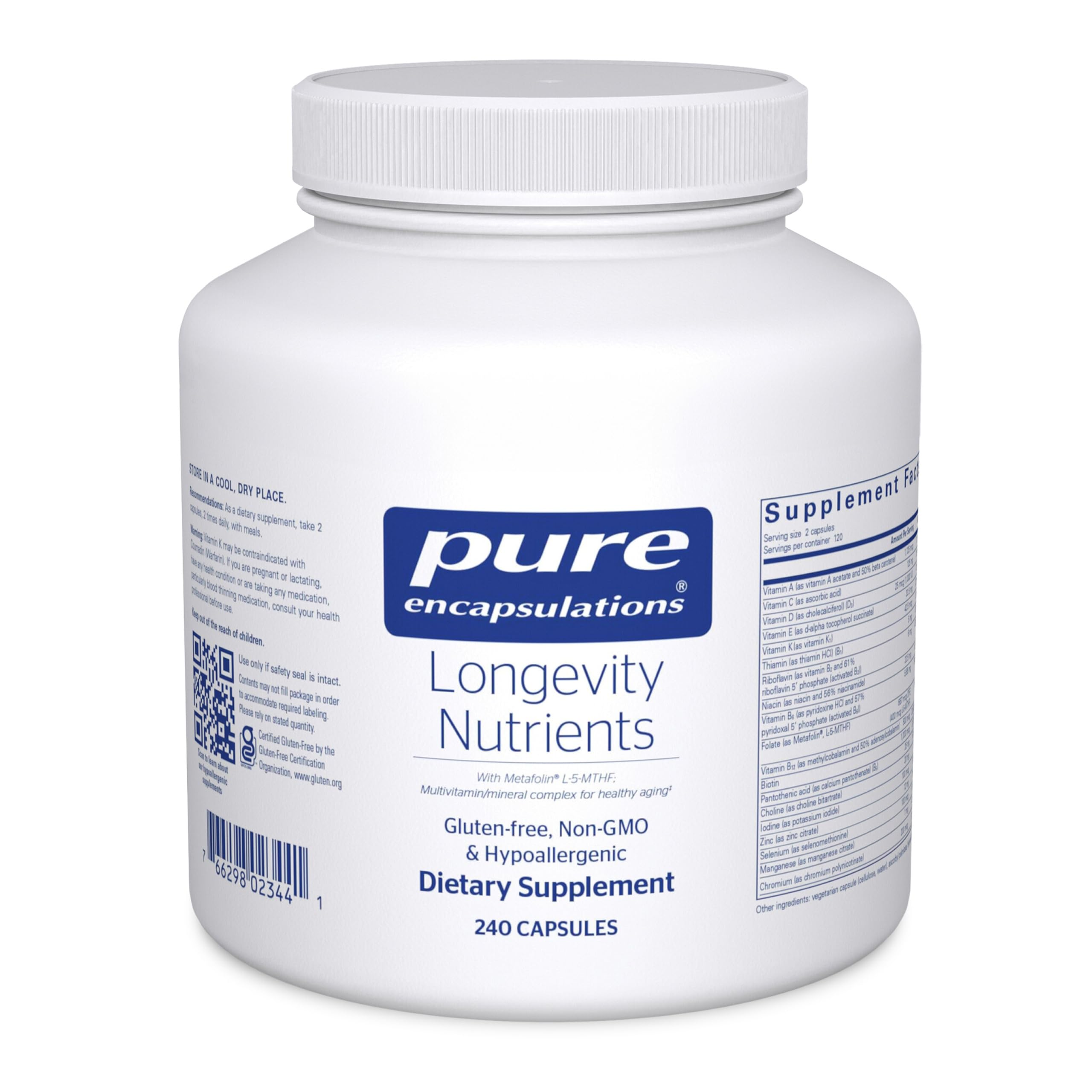 Pure Encapsulations Longevity Nutrients | Multivitamin/Mineral Complex to Support Healthy Aging, Brain Function, Eyes, Bones, and Vascular Health* | 240 Capsules