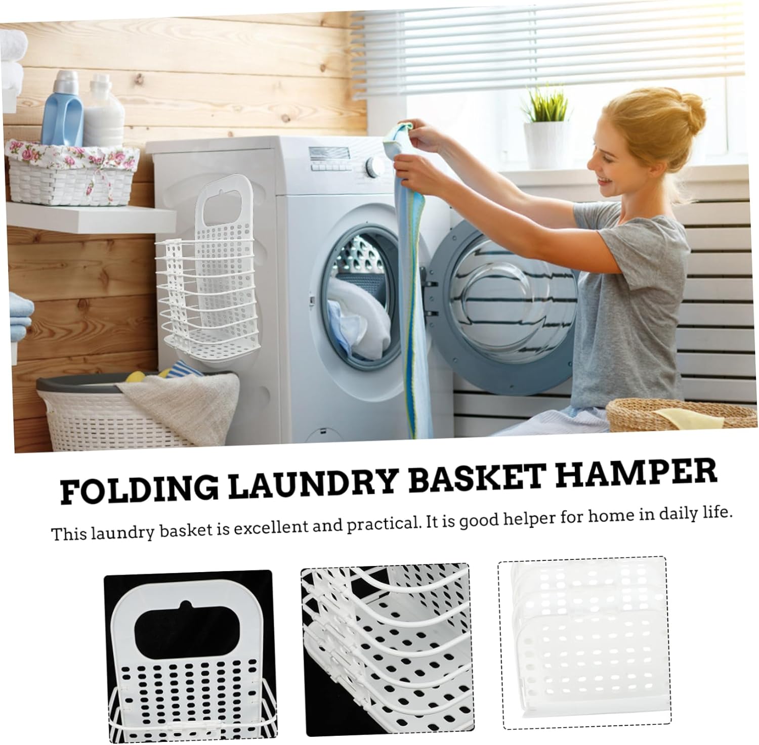 IMIKEYA Foldable Hollow Laundry Basket Hanging Wall Mounted Clothes Hamper Space Saving Laundry Storage Holder for Home Collapsible Dirty Basket in White Small